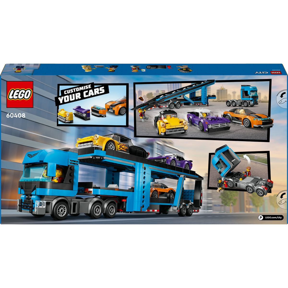 LEGO City 60408 - Le Camion de Transport de Voitures de Sport - Set de 4 Véhicules Pour Enfants dès 7 Ans - Cadeau de Fête ou d'Anniversaire pour Garçons et Filles - 4 Minifigurines pour le Jeu de Rôle