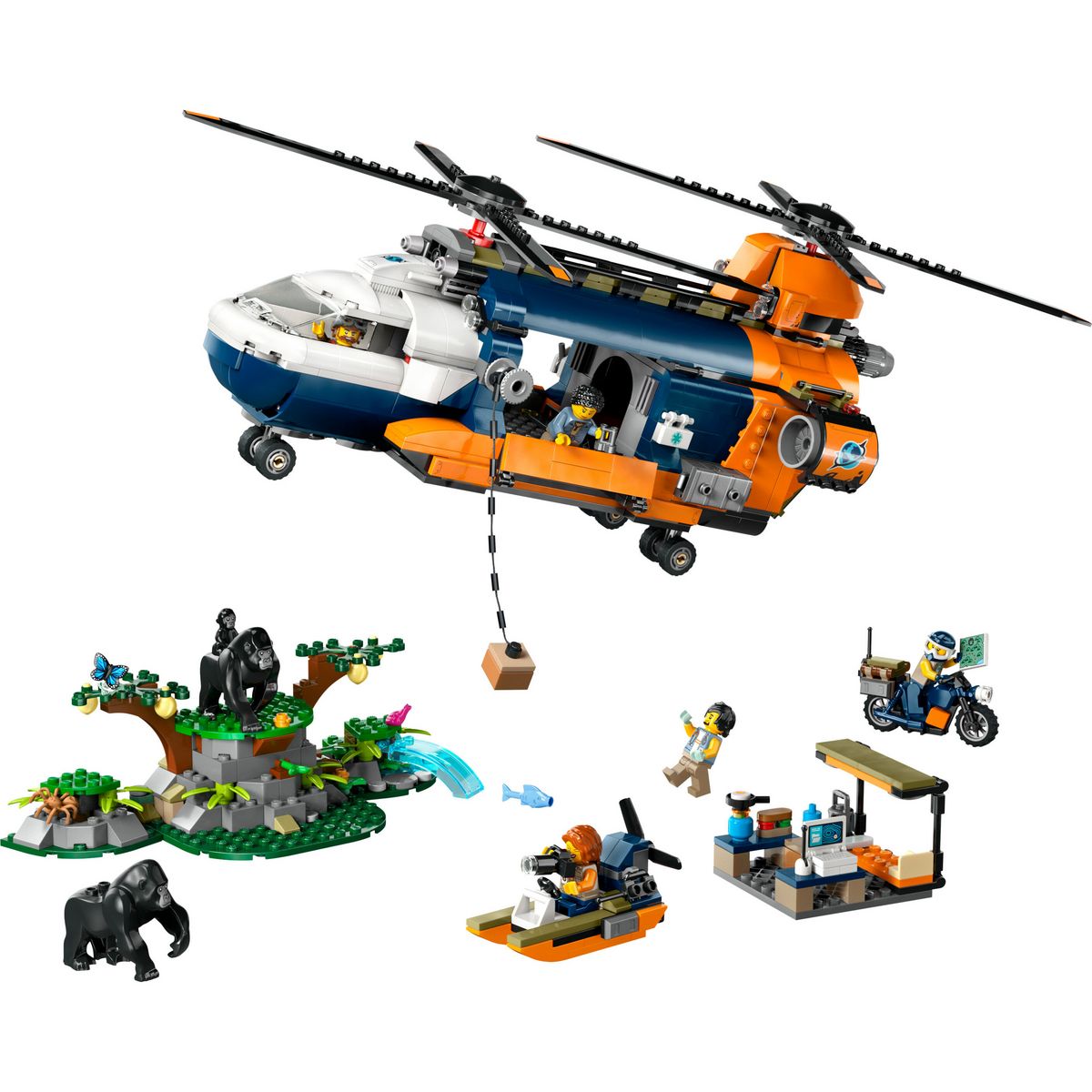 LEGO City 60437 - L'Hélicoptère de l'Explorateur de la Jungle au Camp de Base - Set de Jeu d'Aventure et Véhicules pour Enfants dès 8 Ans - Jouet de Construction - 5 Minifigurines et 3 Gorilles