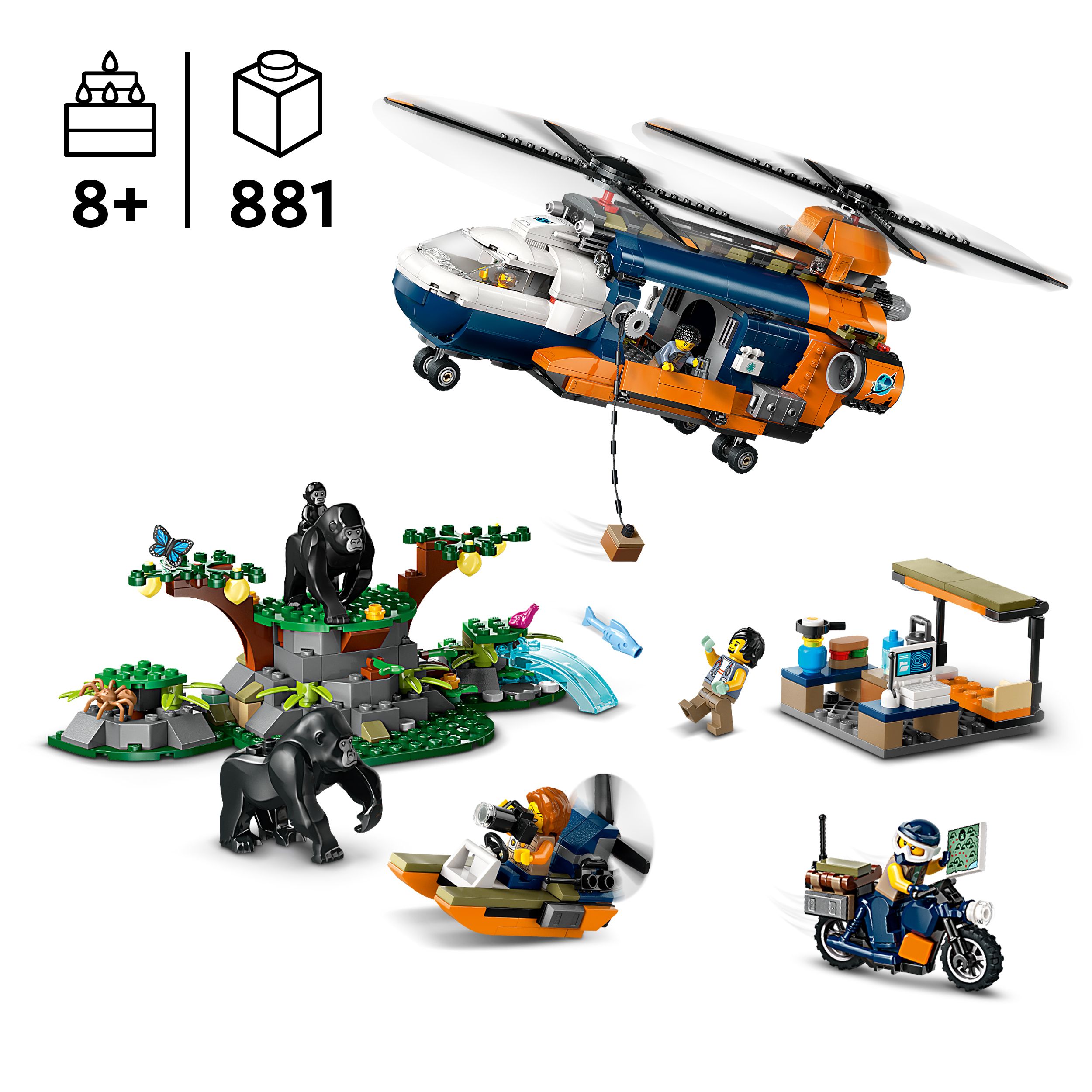 Voir la diapositive 3 : LEGO City 60437 - L'Hélicoptère de l'Explorateur de la Jungle au Camp de Base - Set de Jeu d'Aventure et Véhicules pour Enfants dès 8 Ans - Jouet de Construction - 5 Minifigurines et 3 Gorilles
