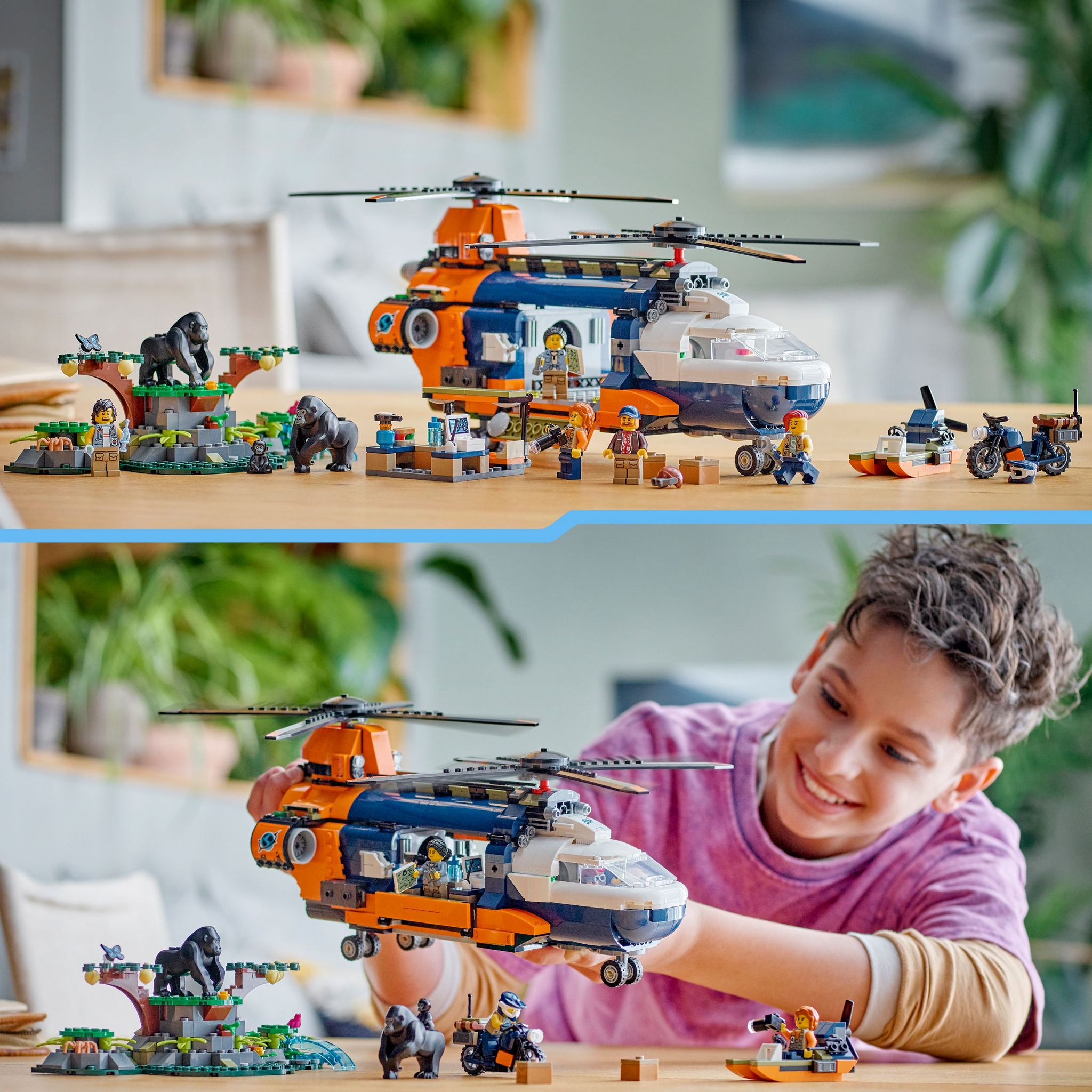 Voir la diapositive 6 : LEGO City 60437 - L'Hélicoptère de l'Explorateur de la Jungle au Camp de Base - Set de Jeu d'Aventure et Véhicules pour Enfants dès 8 Ans - Jouet de Construction - 5 Minifigurines et 3 Gorilles
