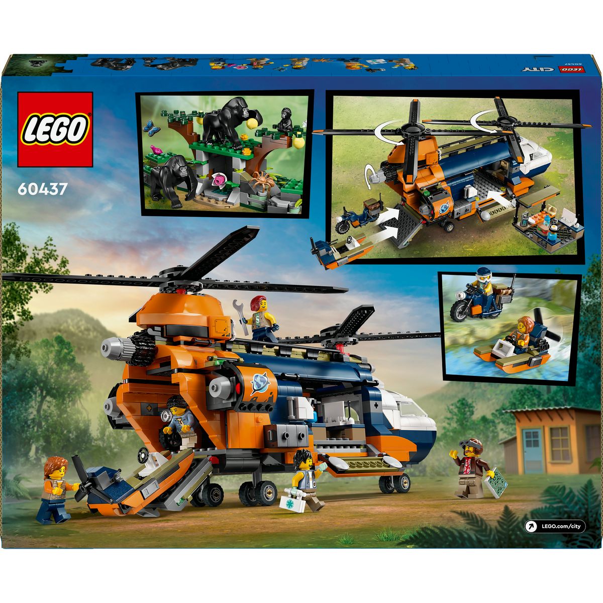 LEGO City 60437 - L'Hélicoptère de l'Explorateur de la Jungle au Camp de Base - Set de Jeu d'Aventure et Véhicules pour Enfants dès 8 Ans - Jouet de Construction - 5 Minifigurines et 3 Gorilles