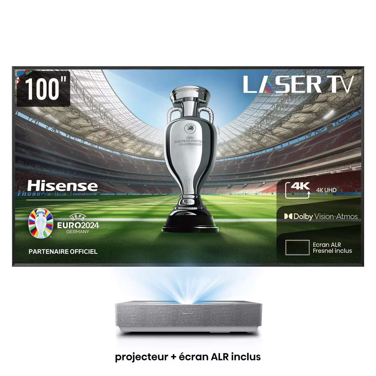HISENSE Pack Vidéo projecteur Laser TV 100L5HD 4K UHD - Console Ultra courte focale + écran ALR Fresnel 100 pouces