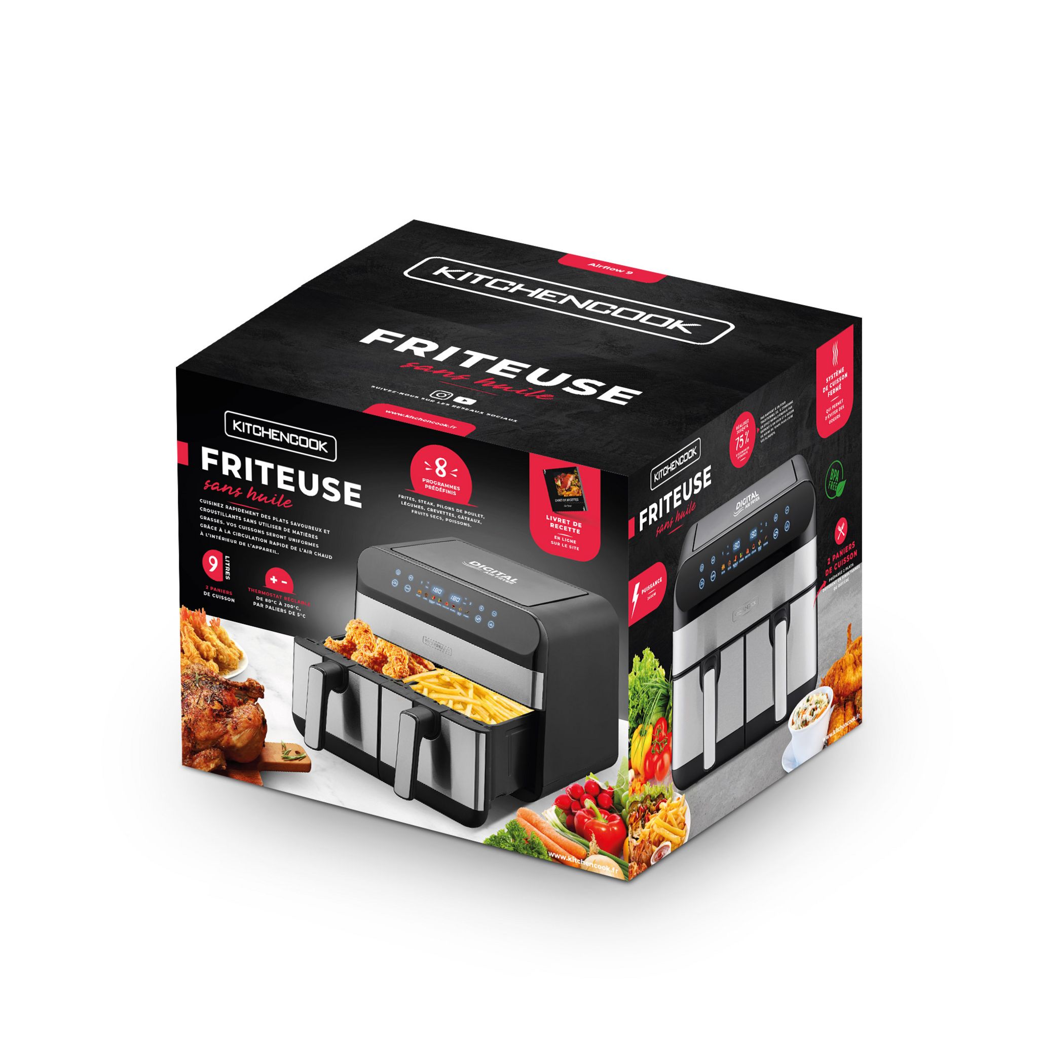 Voir la diapositive 16 : KITCHENCOOK Friteuse sans huile à air chaud AIRFLOW 9 - Noir