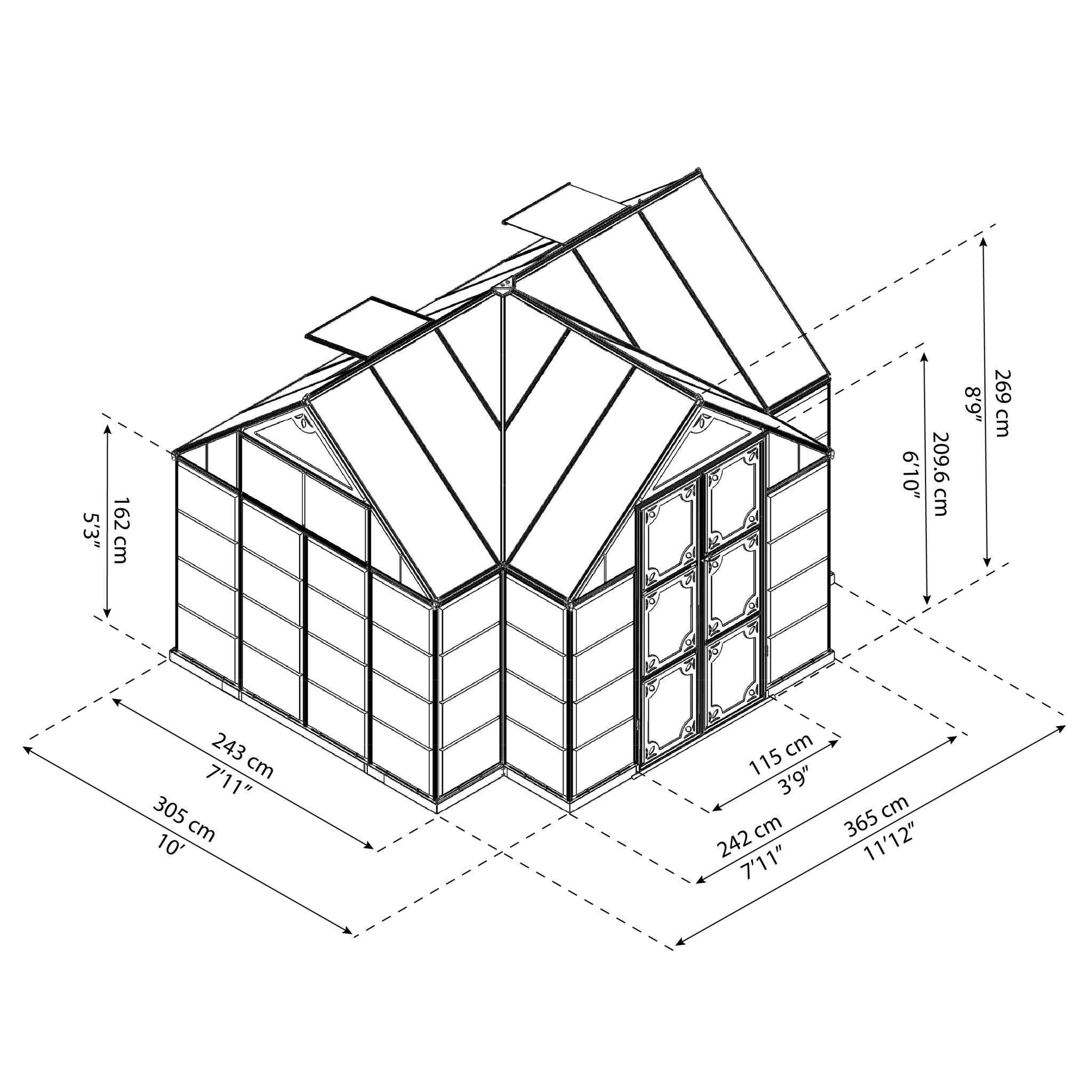 Voir la diapositive 7 : PALRAM Chalet-serre de jardin gris 11,1m² - VICTORY ORANGERIE