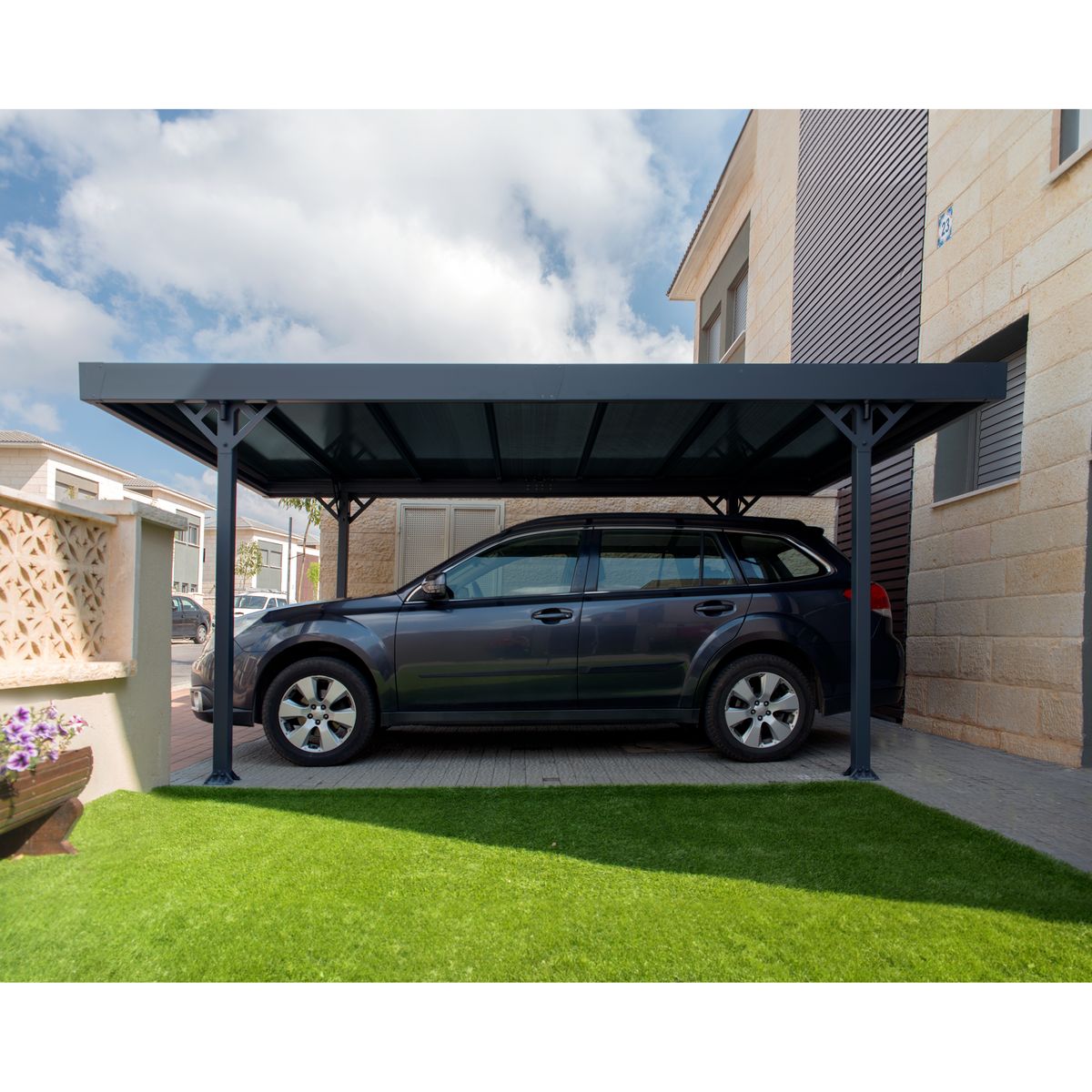 PALRAM Carport alu gris adossé 14,5 m² toit plat- PALMA 5000