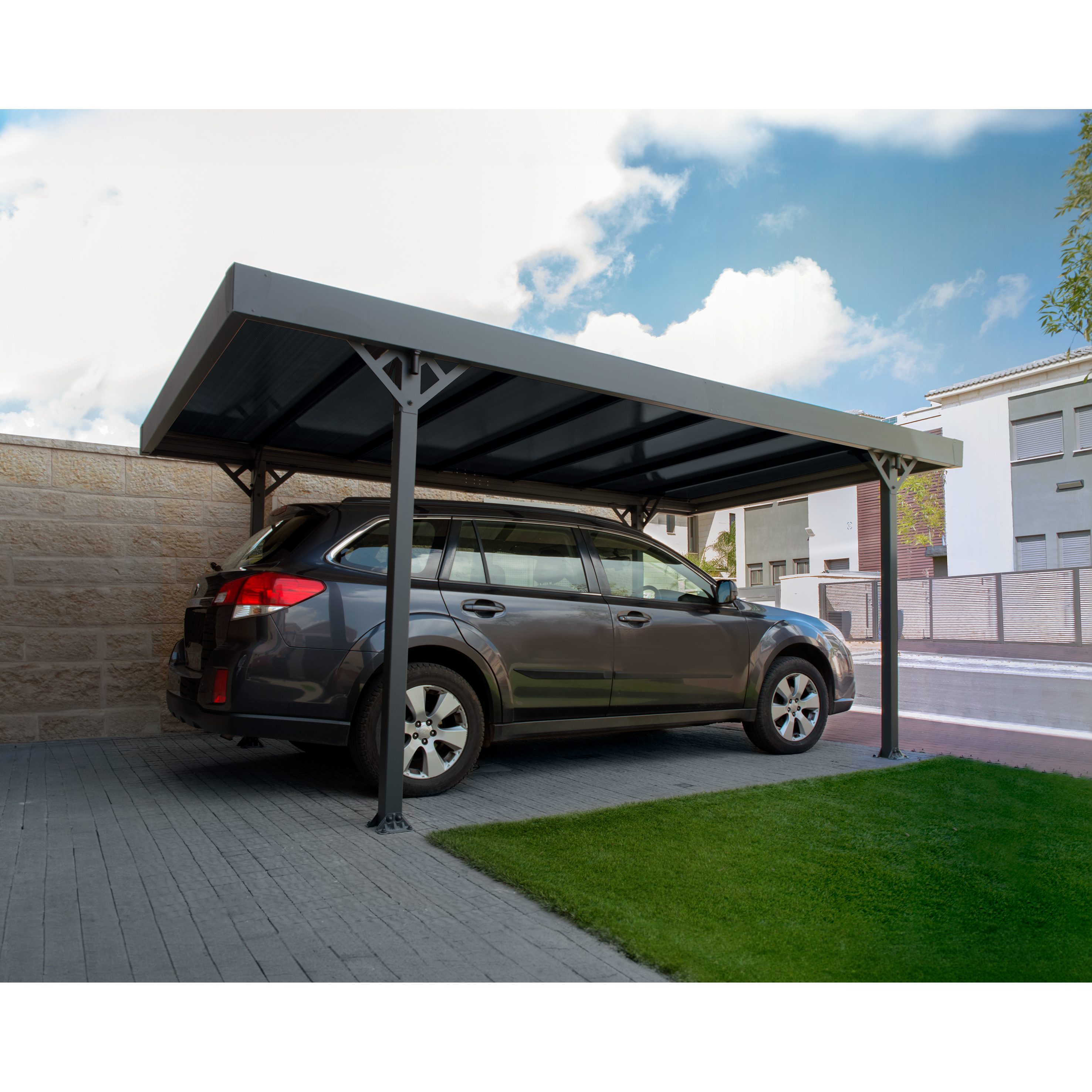 Voir la diapositive 2 : PALRAM Carport alu gris adossé 14,5 m² toit plat- PALMA 5000