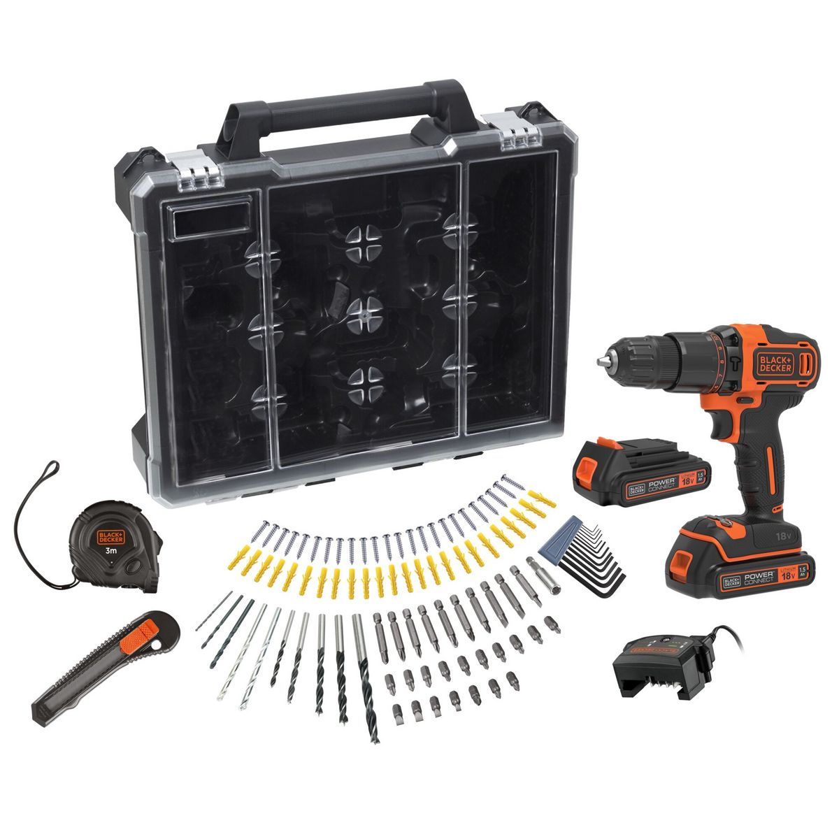BLACK ET DECKER Coffret perceuse à percussion 18V avec 2 batteries et 100 accessoires de perçage