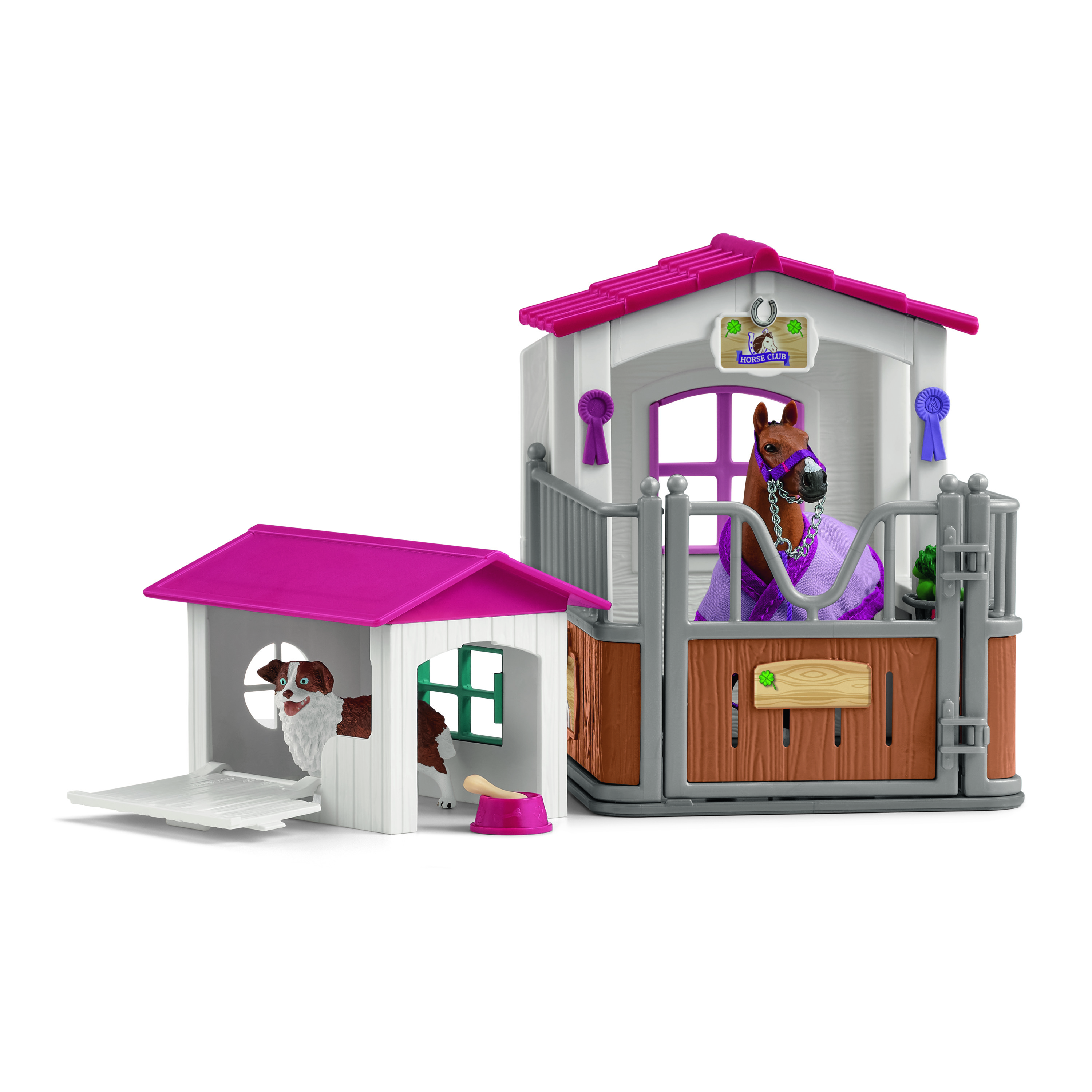Voir la diapositive 2 : SCHLEICH Box jument et niche Berger Australien