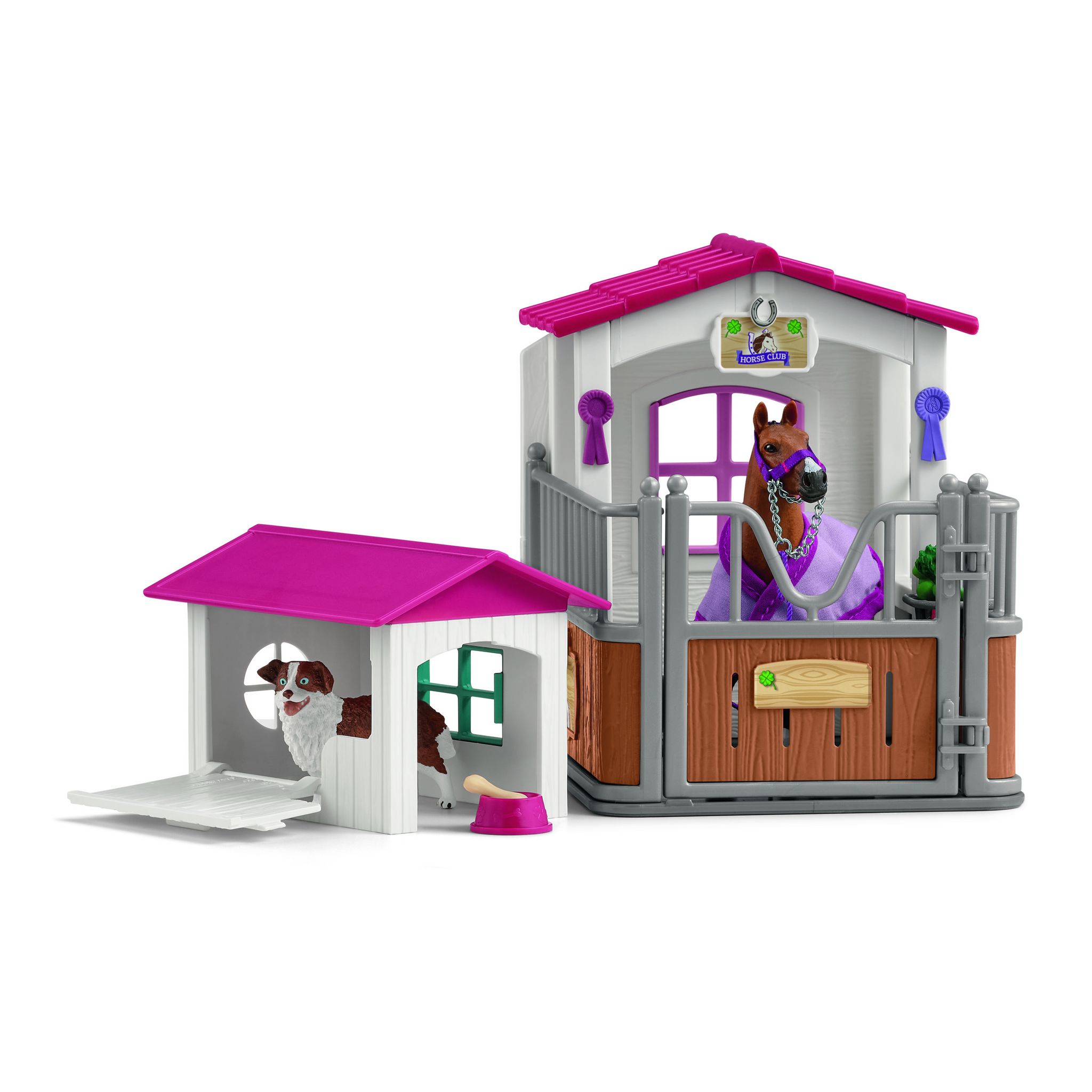 Voir la diapositive 2 : SCHLEICH Box jument et niche Berger Australien