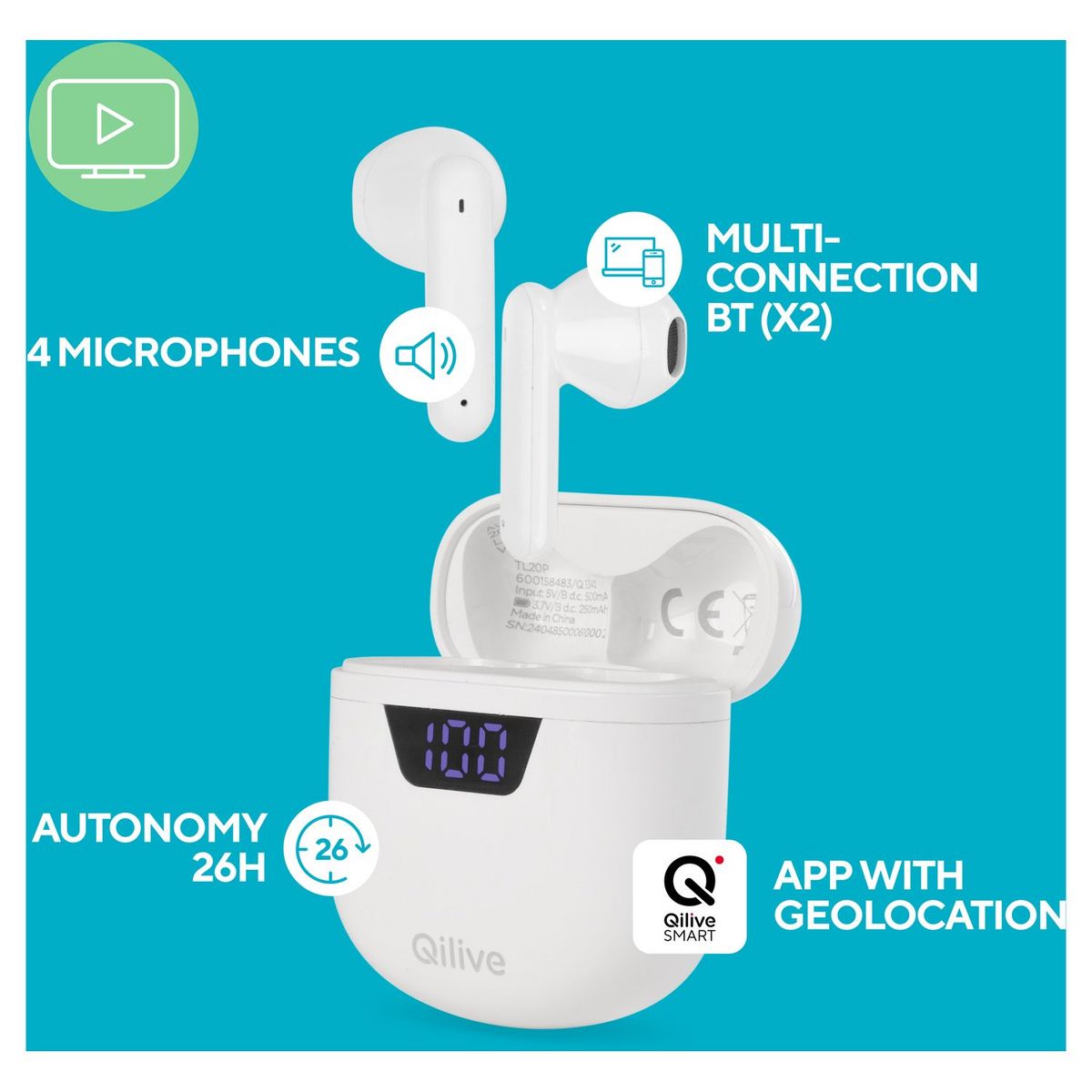 QILIVE Écouteurs Q1342 TWS - Blanc