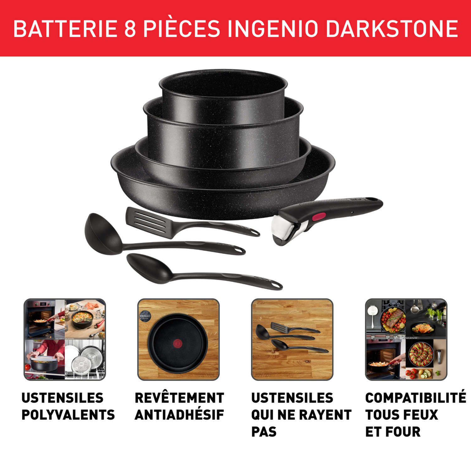 Voir la diapositive 2 : TEFAL Batterie de cuisine 8 pièces tous feux dont induction DARKSTONE