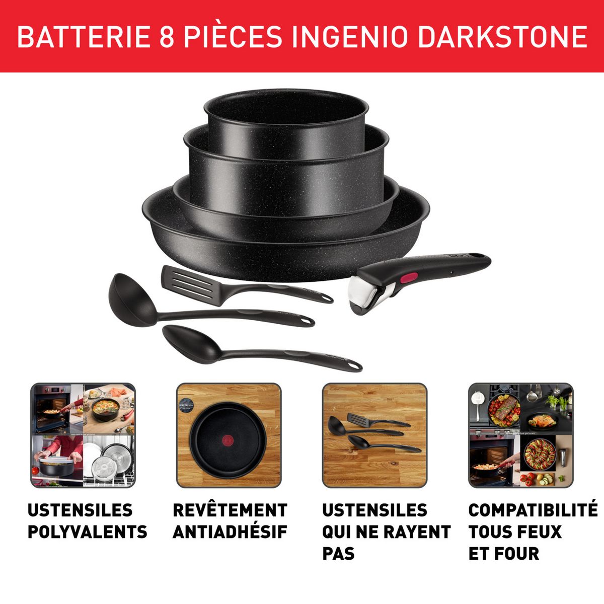 TEFAL Batterie de cuisine 8 pièces tous feux dont induction DARKSTONE