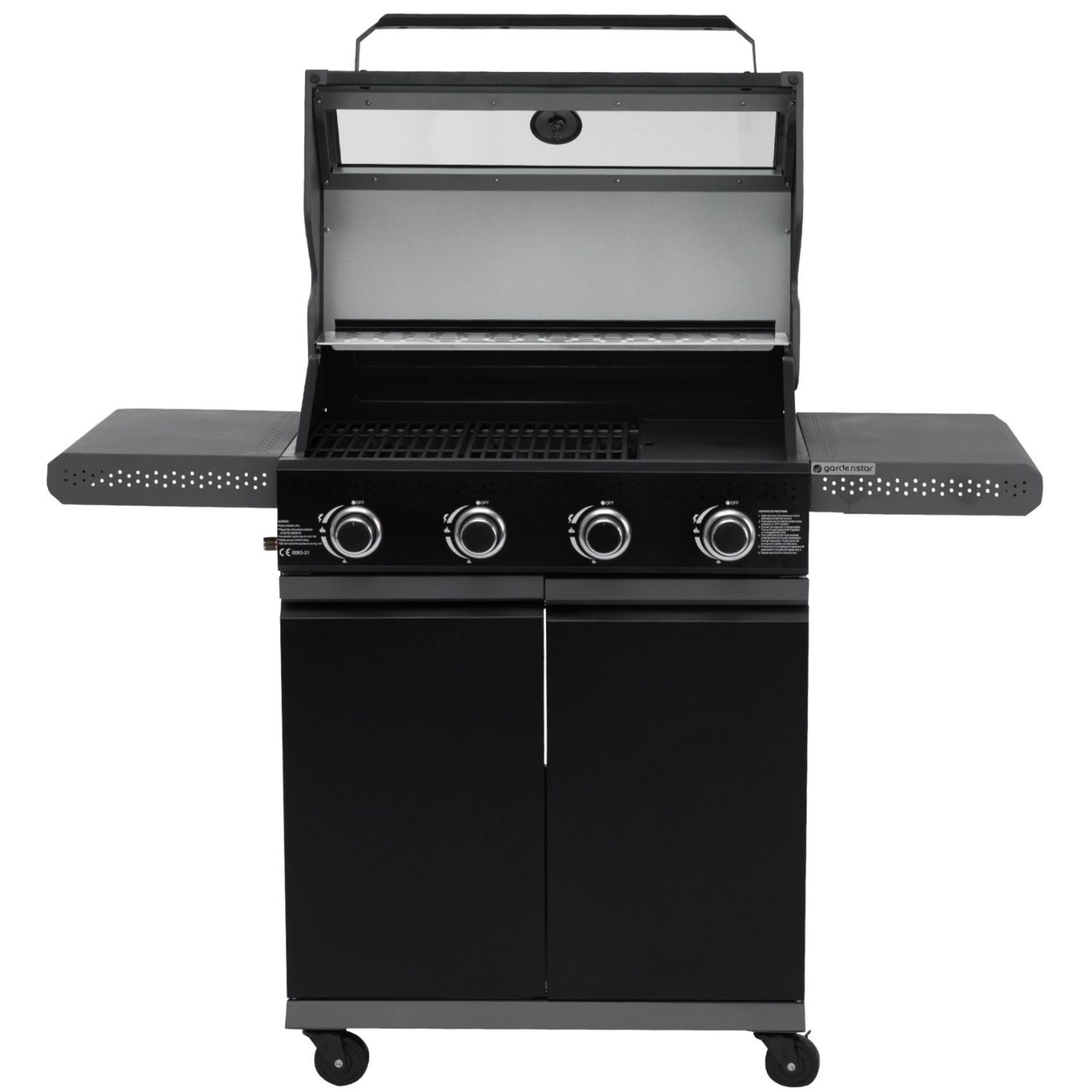 Voir la diapositive 2 : GARDENSTAR Barbecue gaz en acier  - 4 bruleurs - 4 roues