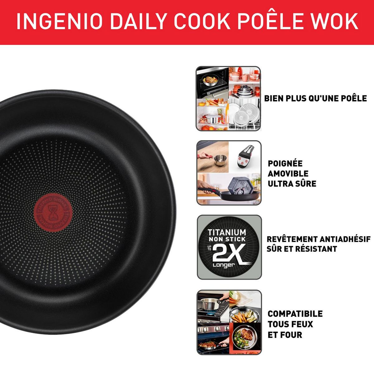 TEFAL Wok inox antiadhésive 26cm tous feux dont induction  INGENIO DAILY COOK