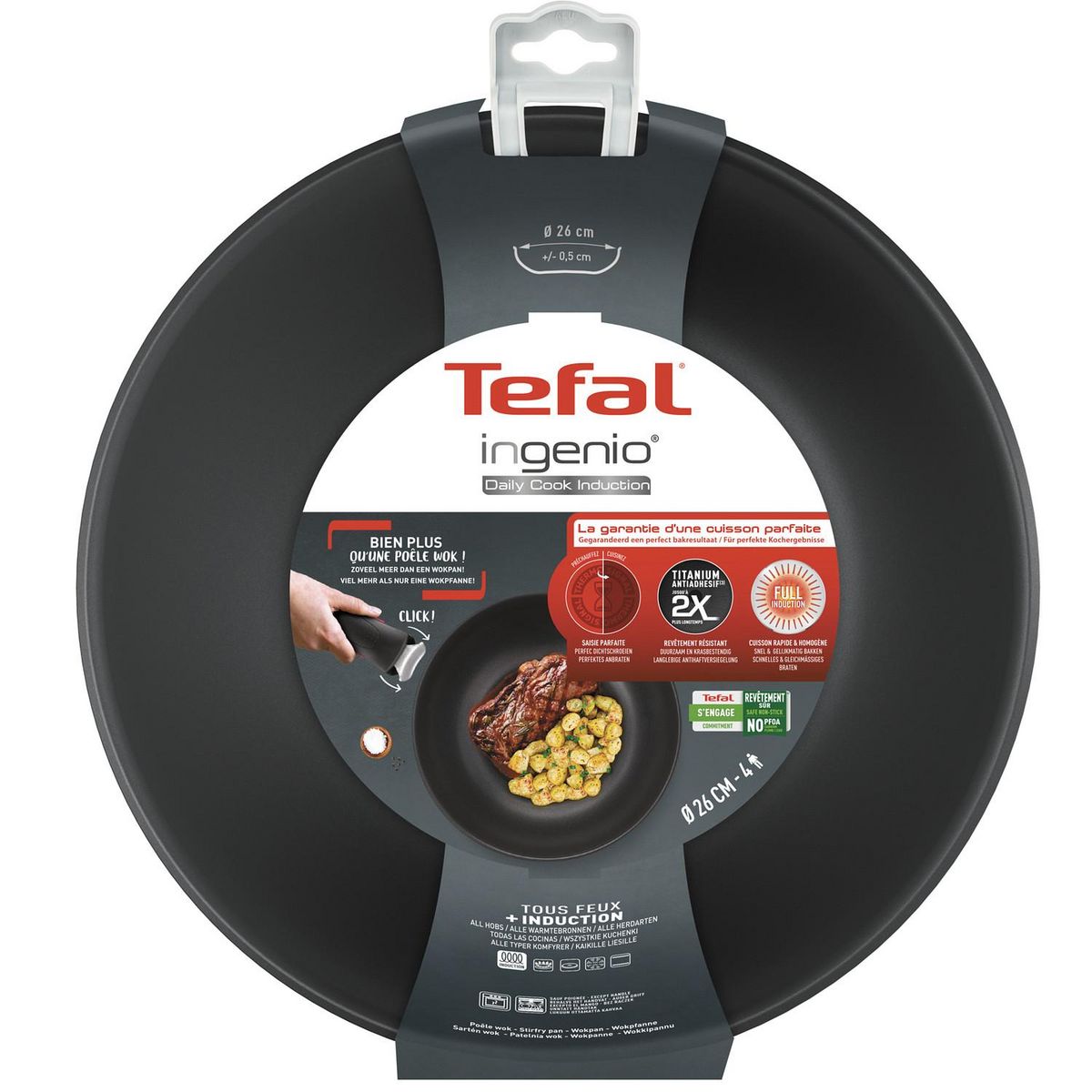 TEFAL Wok inox antiadhésive 26cm tous feux dont induction  INGENIO DAILY COOK