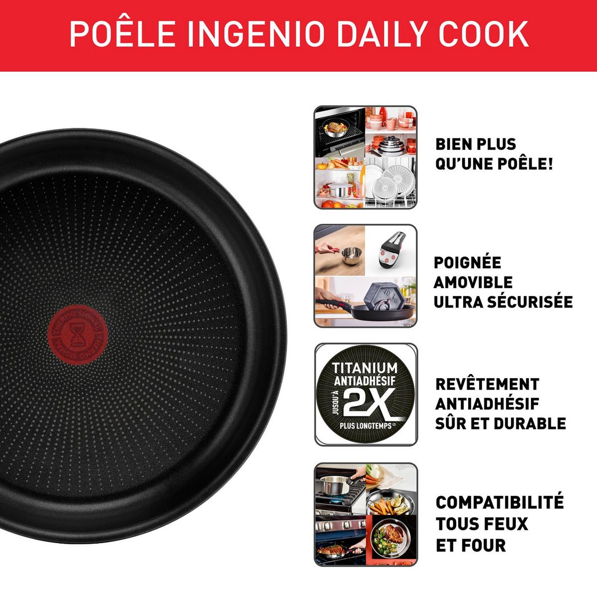 TEFAL Poêle Inox antiadhésive 28cm tous feux dont induction  INGENIO DAILY COOK