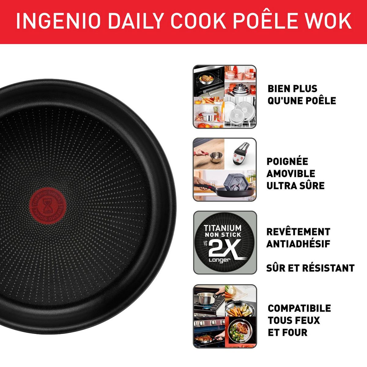 TEFAL Poêle inox antiadhésive 24cm tous feux dont induction  INGENIO DAILY COOK