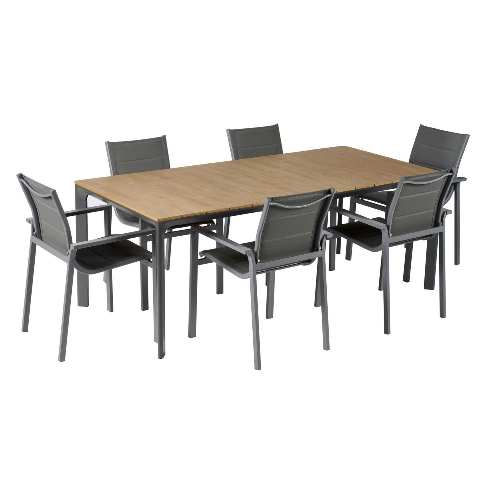 Voir la diapositive 3 : GARDENSTAR Table de jardin rectangulaire - Alu - plateau imitation bois pieds Gris