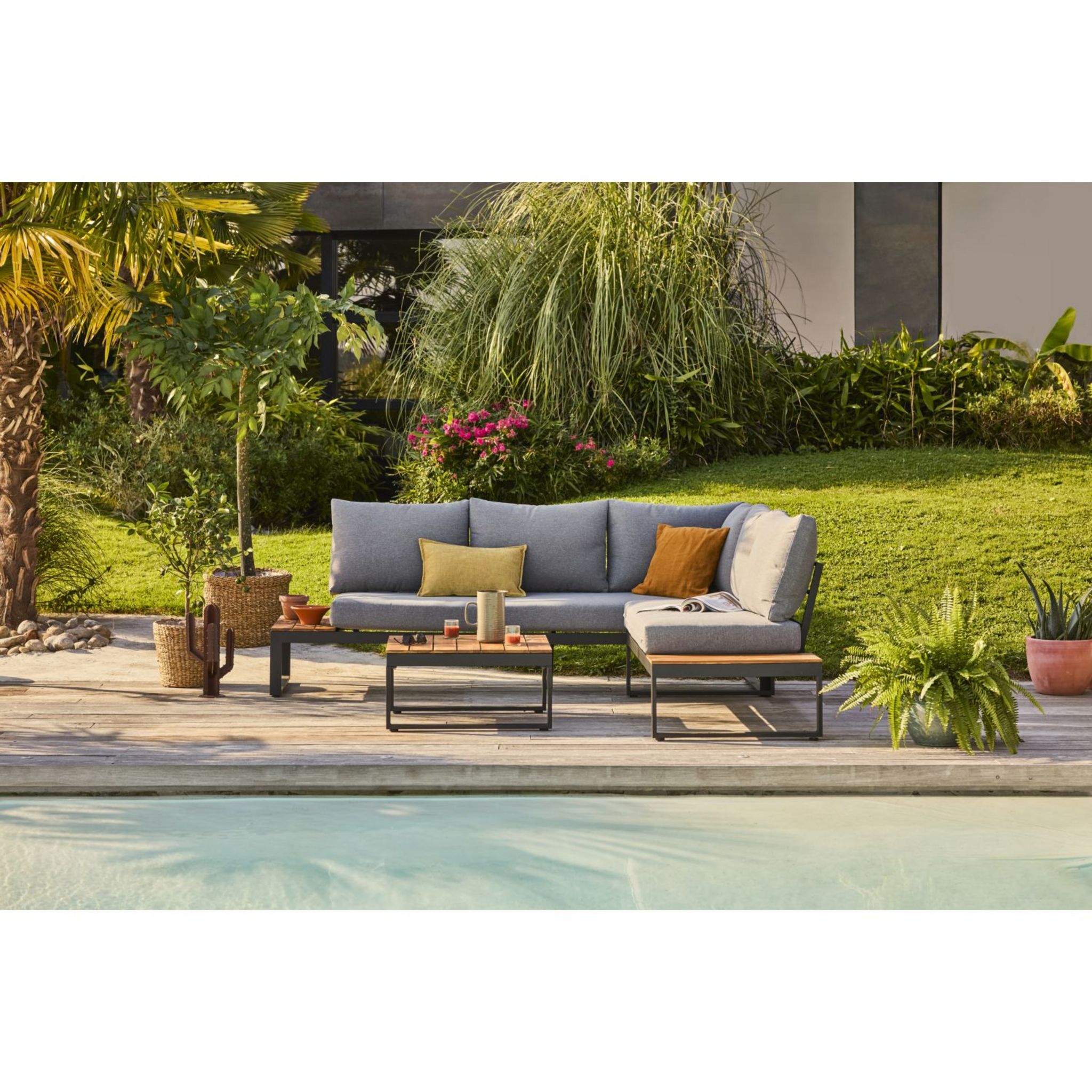 Voir la diapositive 2 : GARDENSTAR Salon de jardin - 5 places - Bois d'acacia / acier - gris