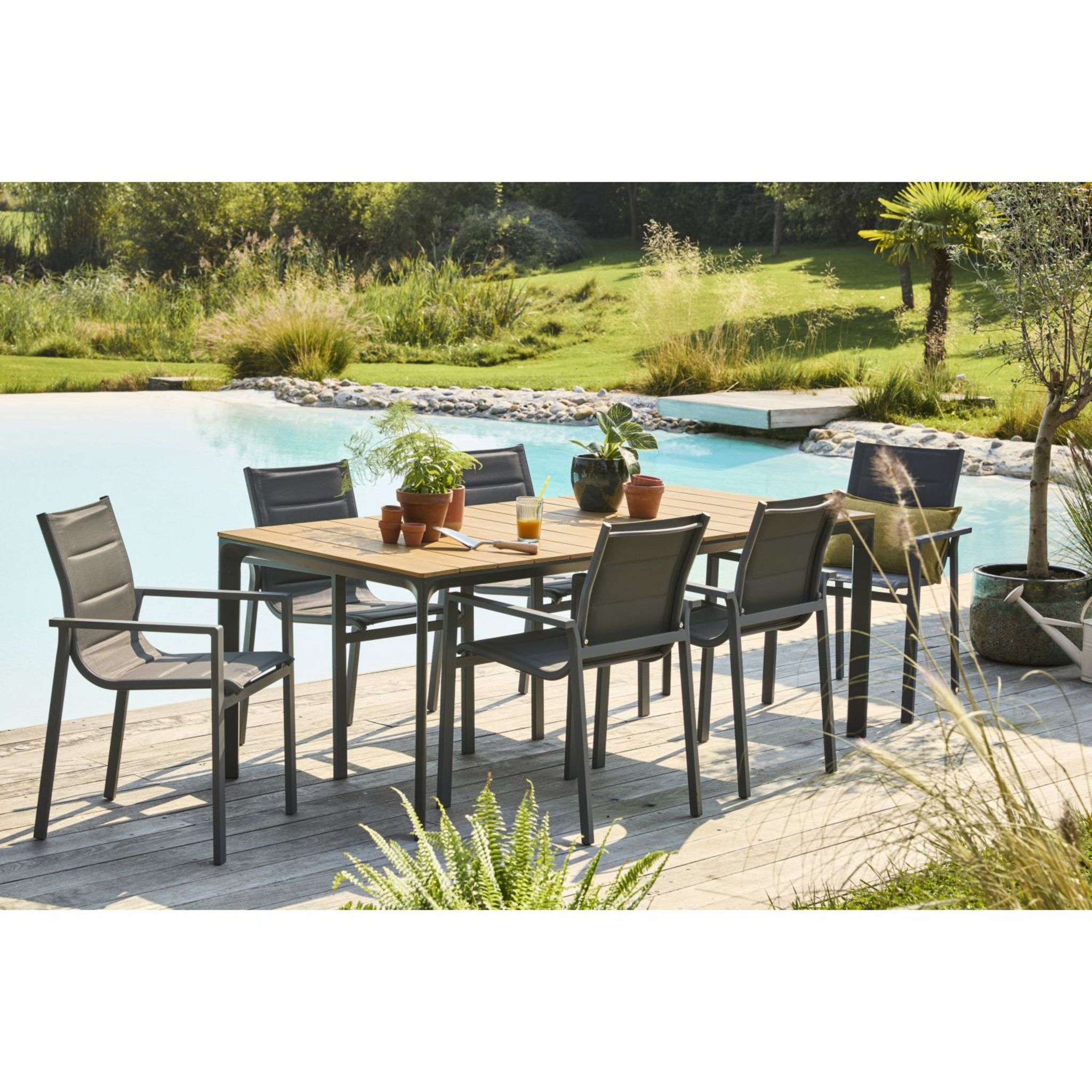 Voir la diapositive 4 : GARDENSTAR Fauteuil de jardin matelassé - Textilène et alu - Gris acier