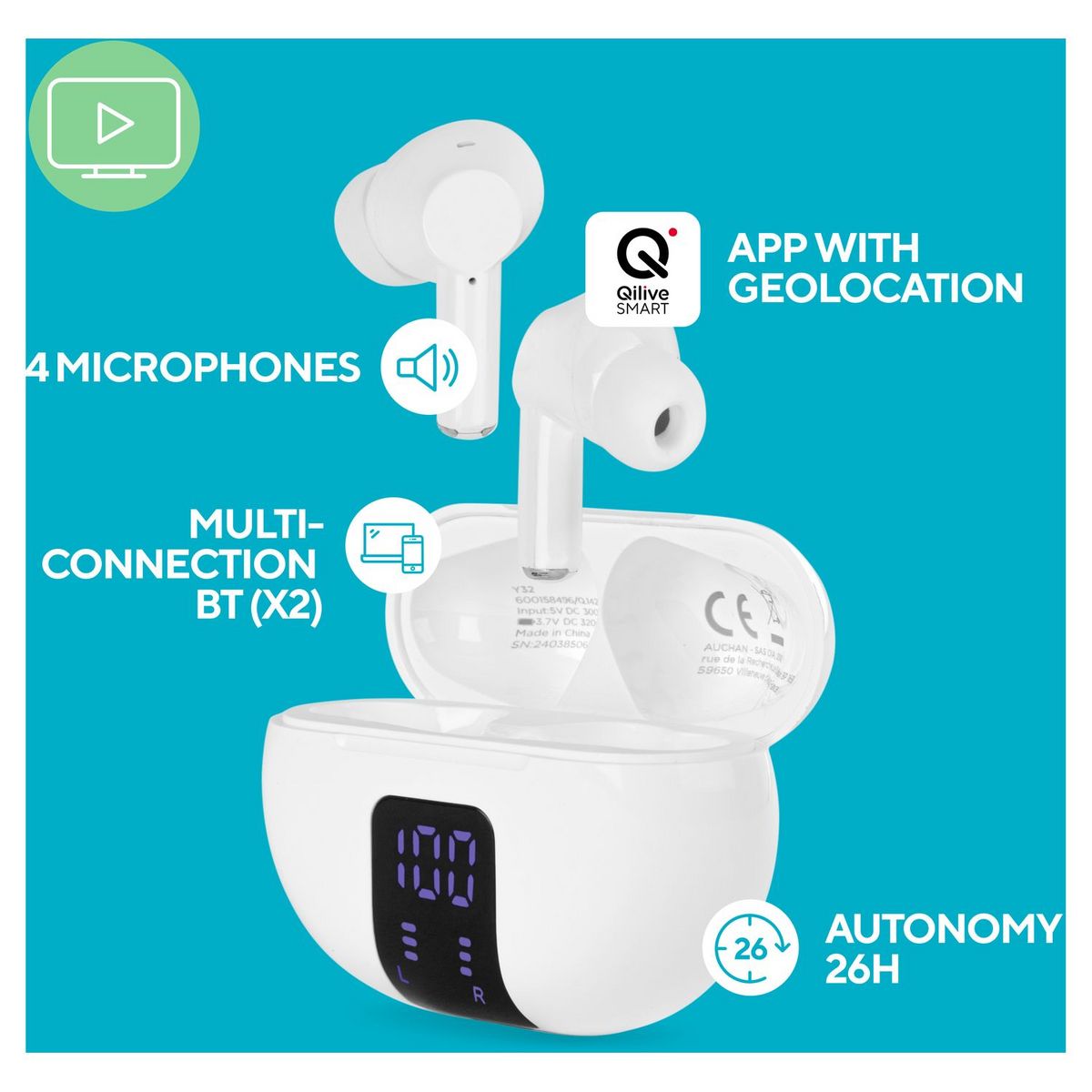 QILIVE Écouteurs Q1421 TWS écran LED - Blanc
