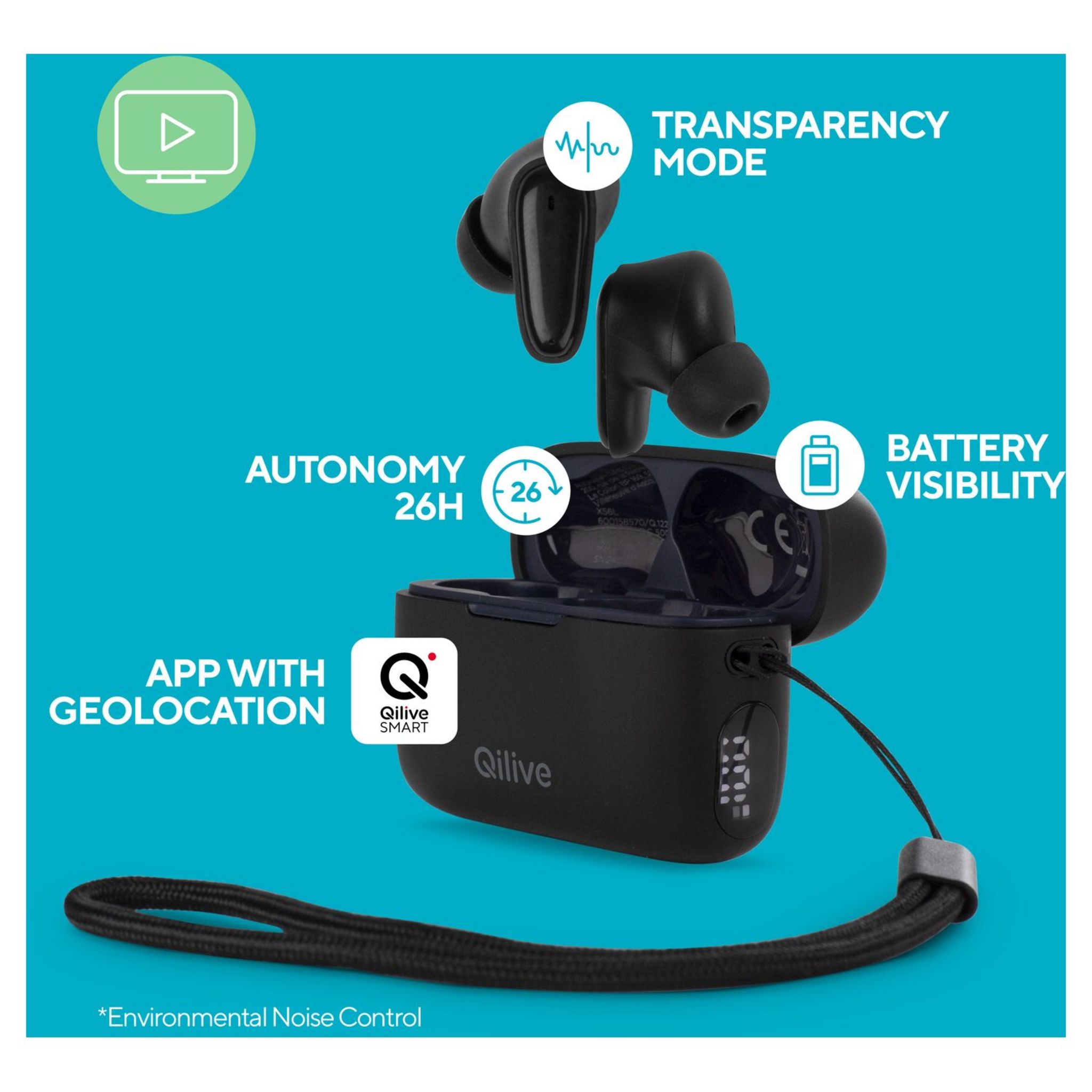 Voir la diapositive 7 : QILIVE Écouteurs Q1225 TWS Sport LED - Noir