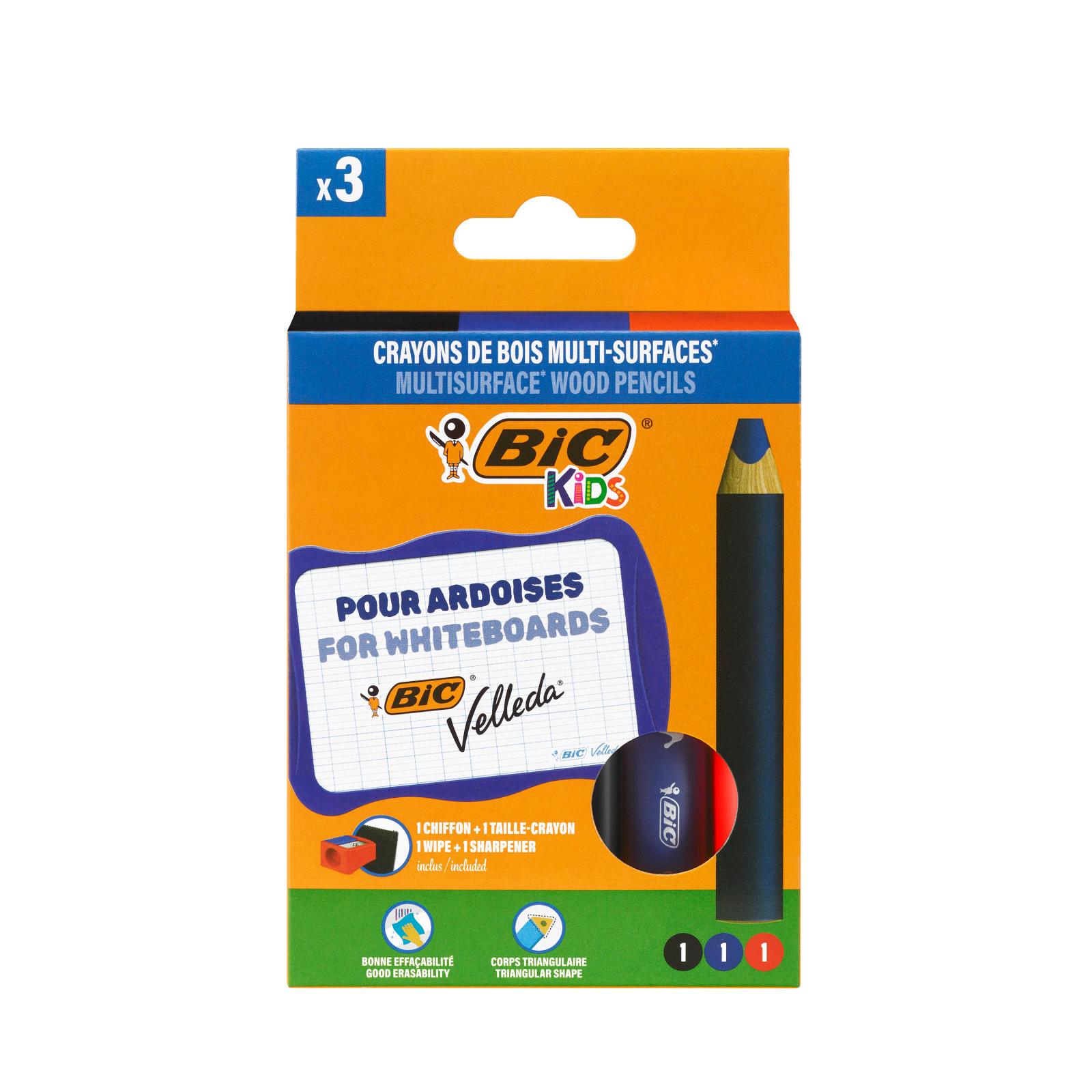 BIC Lot de 3 crayons de bois multi-surfaces + taille-crayon + chiffon