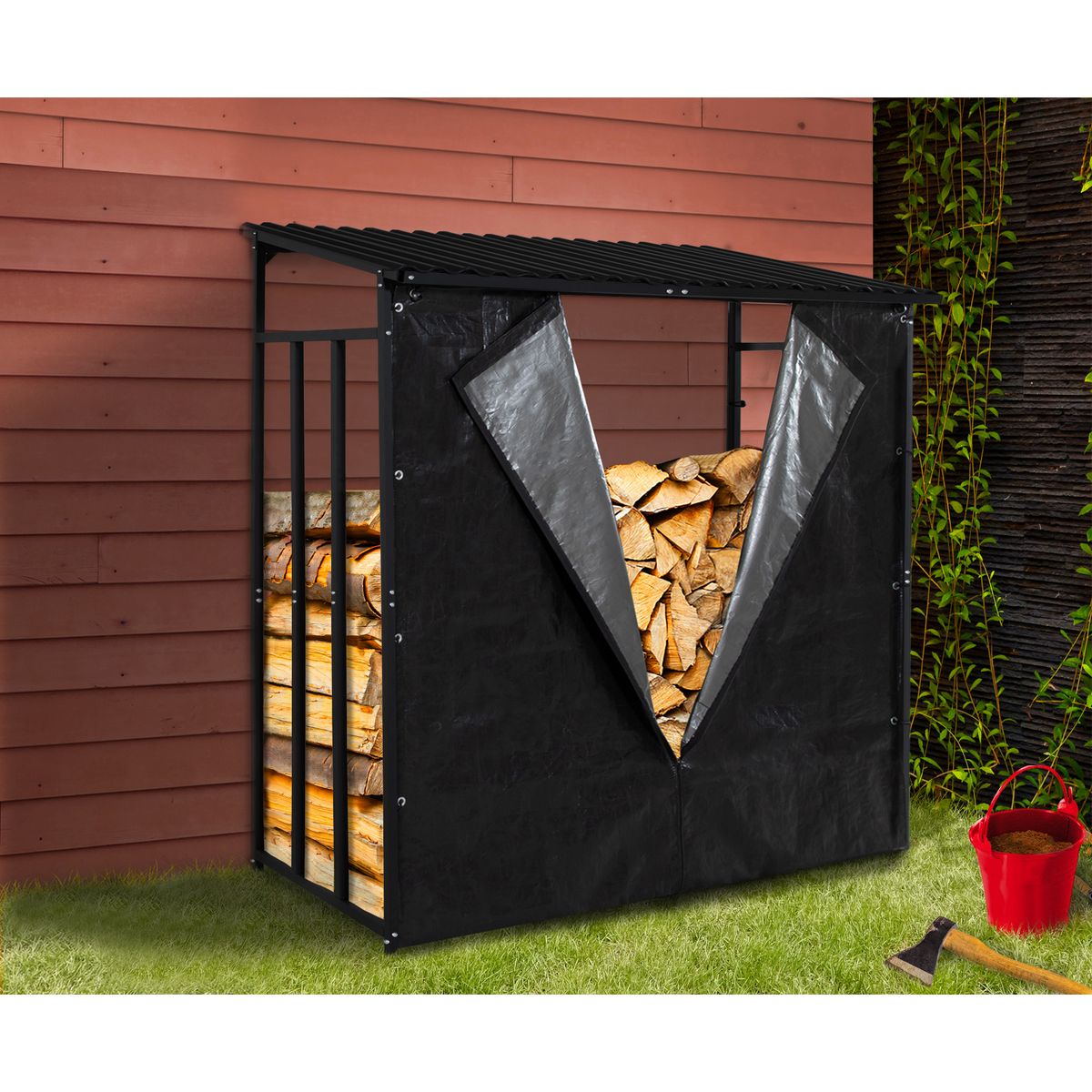PALRAM Abri de stockage en acier galvanisé pour bûches L.190 cm + housse de protection