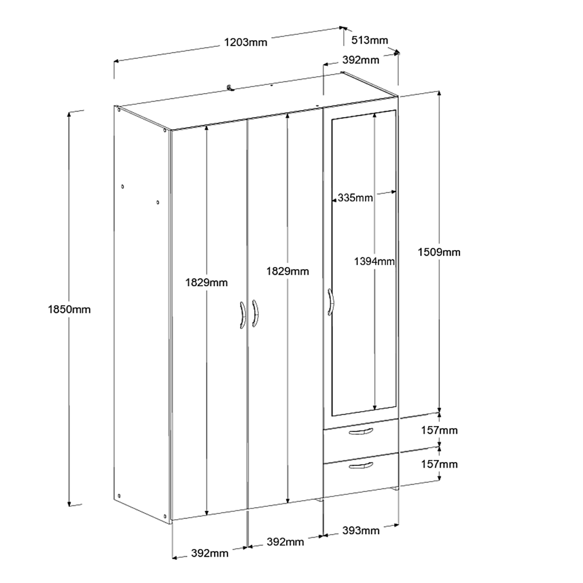 Voir la diapositive 7 : Armoire 3 portes 2 tiroirs 1 miroir L120cm DAISY