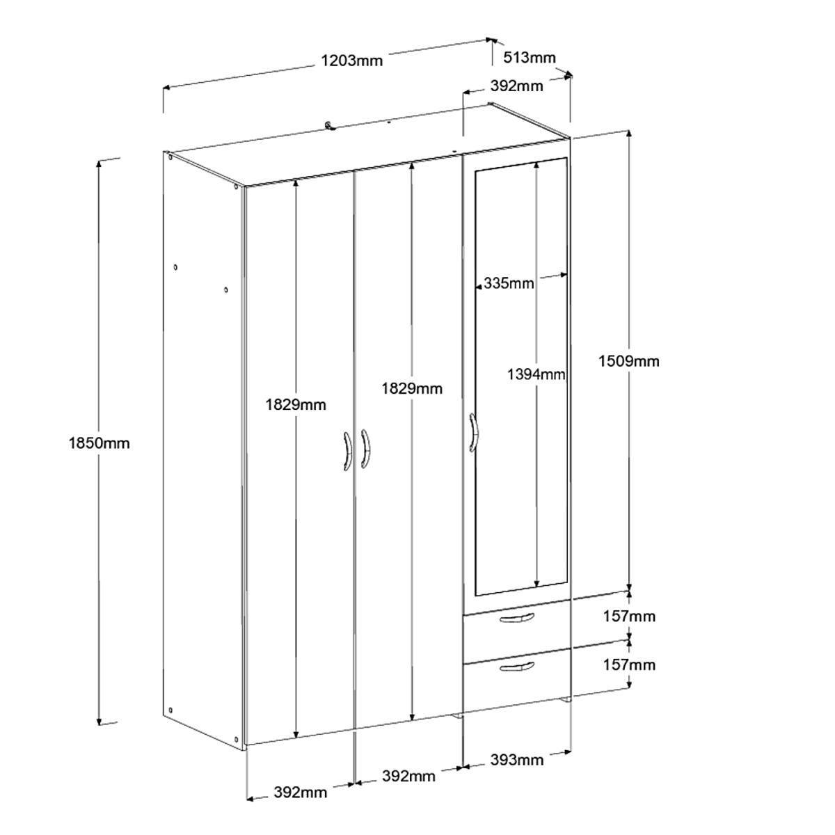 Armoire 3 portes 2 tiroirs 1 miroir L120cm DAISY