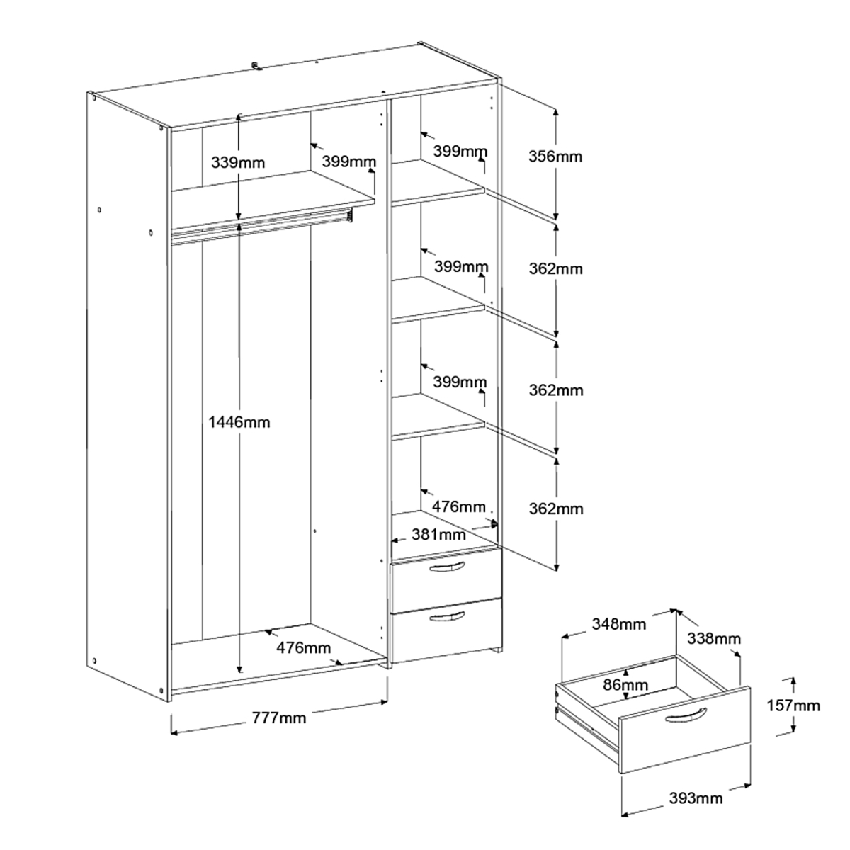 Voir la diapositive 8 : Armoire 3 portes 2 tiroirs 1 miroir L120cm DAISY