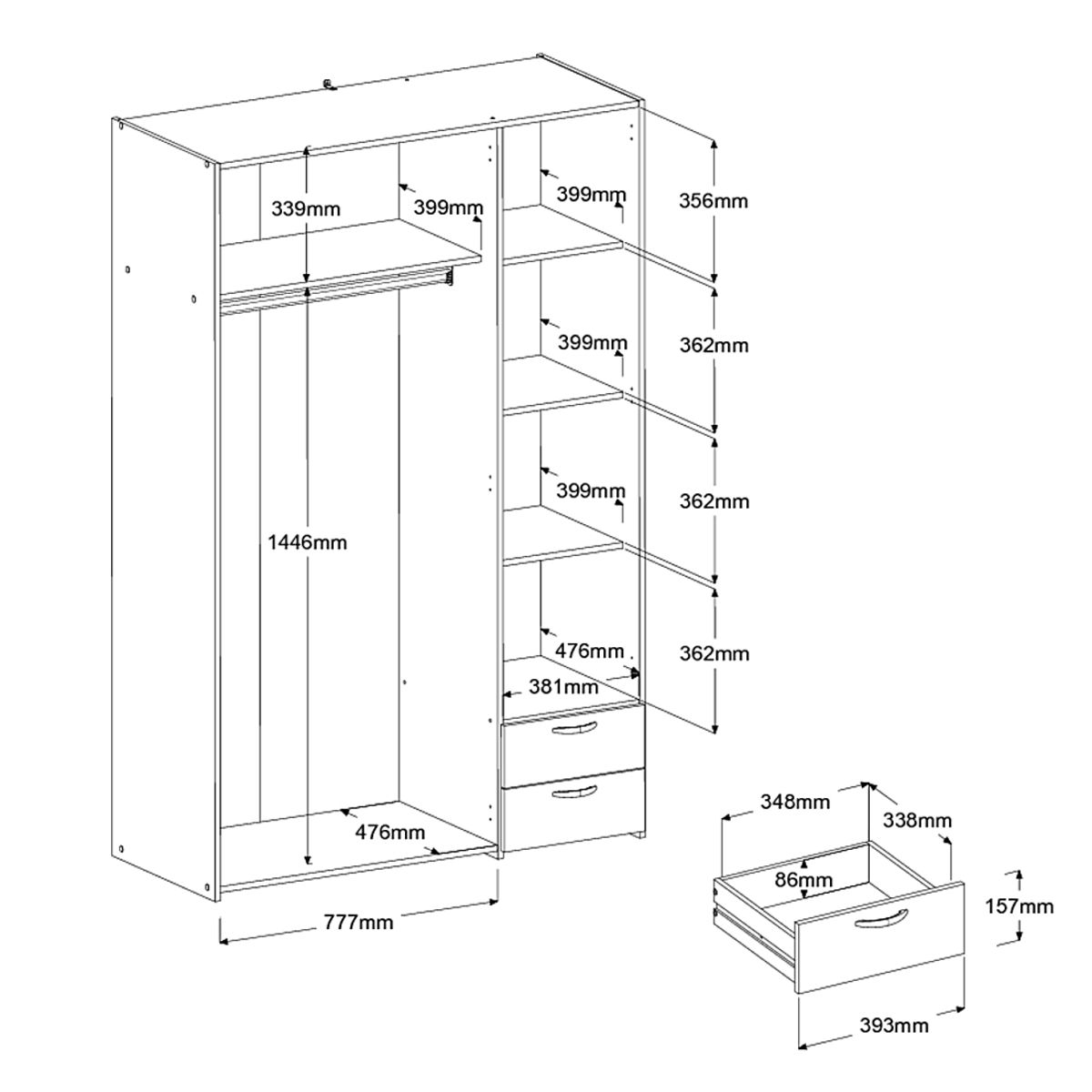 Armoire 3 portes 2 tiroirs 1 miroir L120cm DAISY