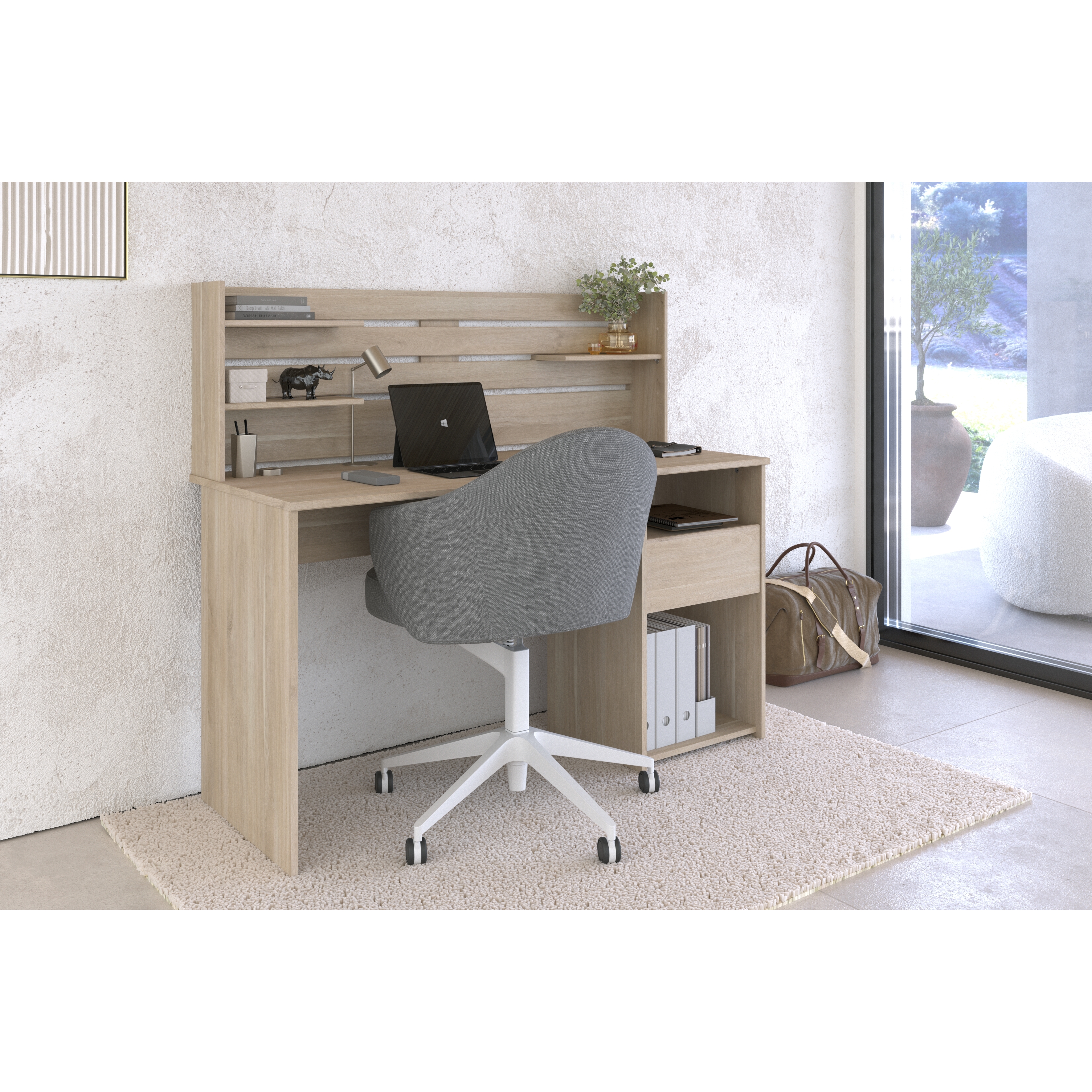 Voir la diapositive 2 : Bureau droit avec crédence et rangements L138cm PIA