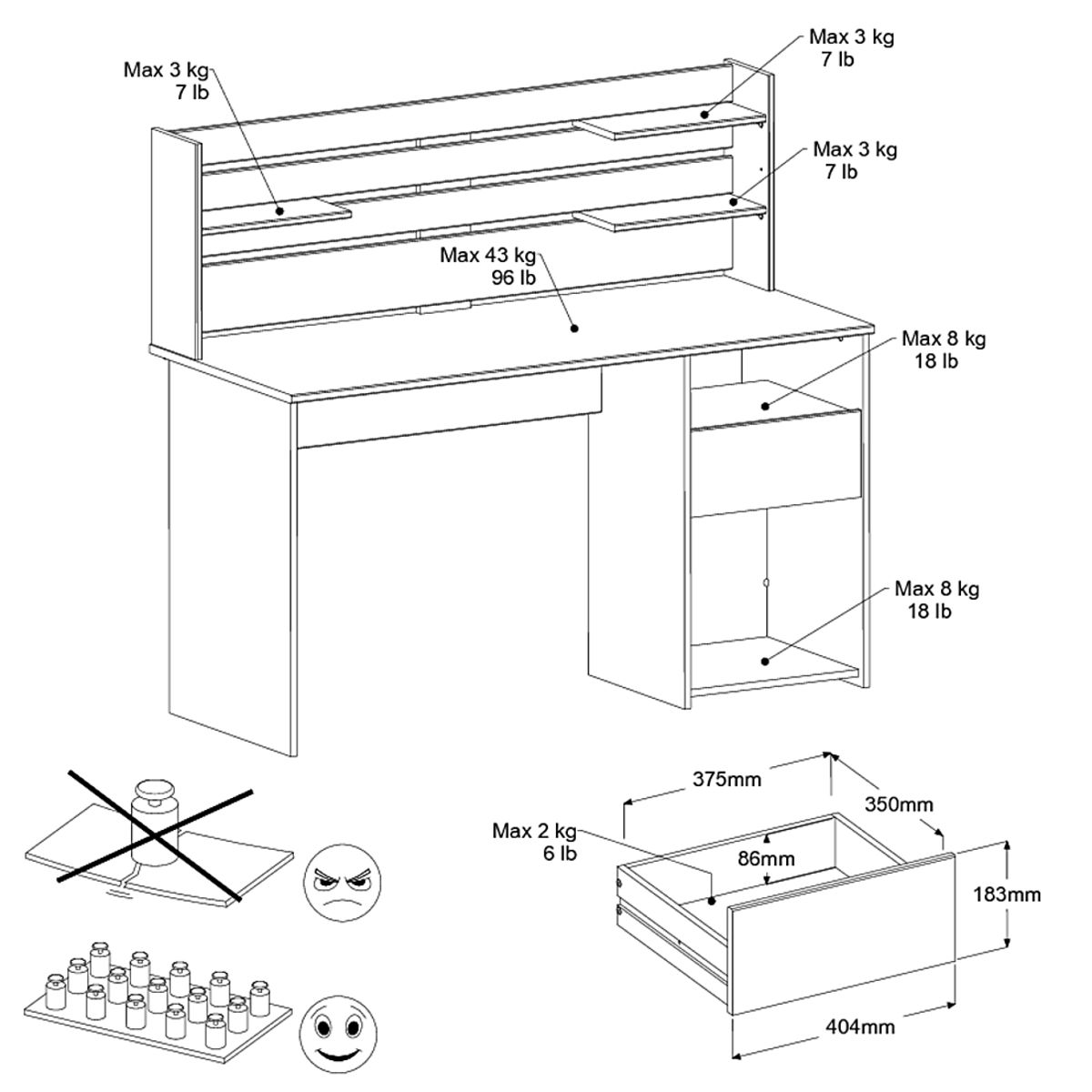 Bureau droit avec crédence et rangements L138cm PIA