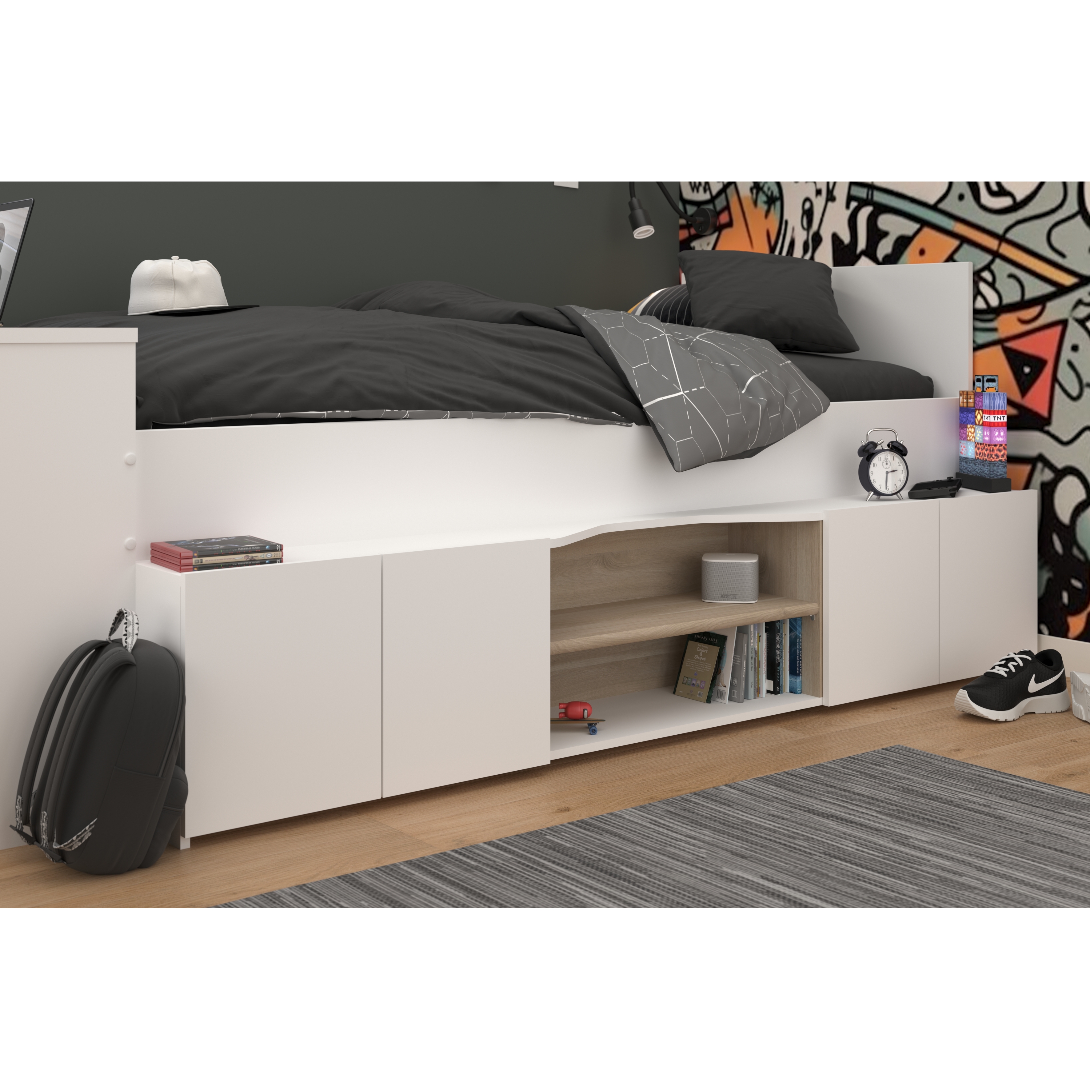 Voir la diapositive 12 : Lit combiné 90x190 / 90x200 cm avec bureau et rangements CLEO