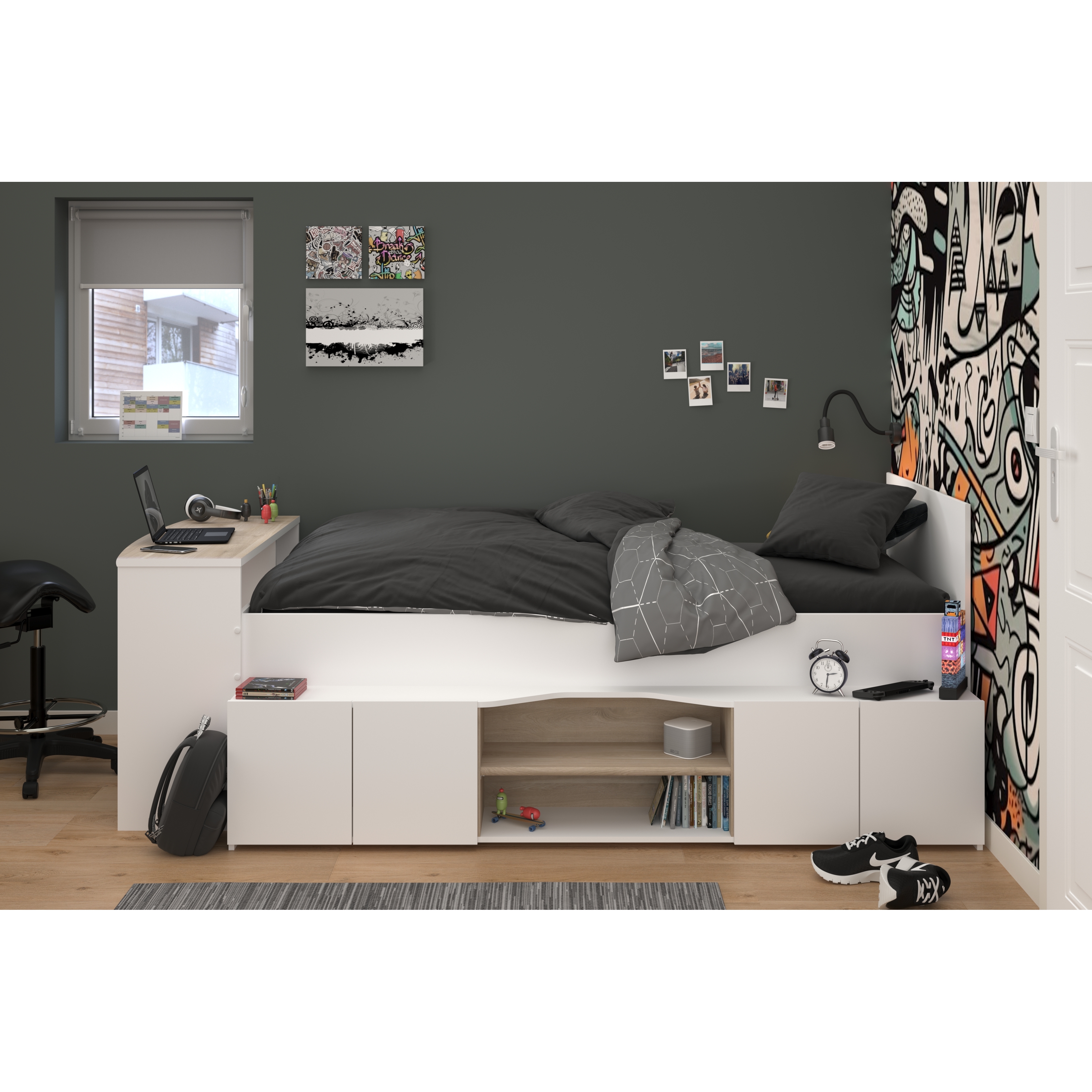 Voir la diapositive 13 : Lit combiné 90x190 / 90x200 cm avec bureau et rangements CLEO