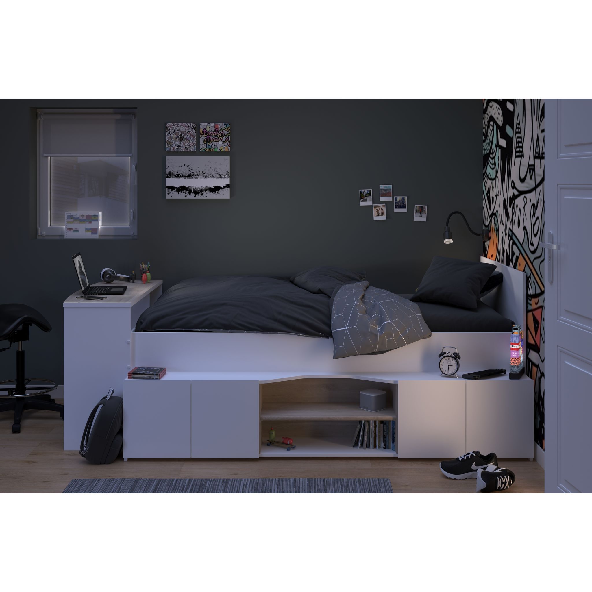 Voir la diapositive 14 : Lit combiné 90x190 / 90x200 cm avec bureau et rangements CLEO