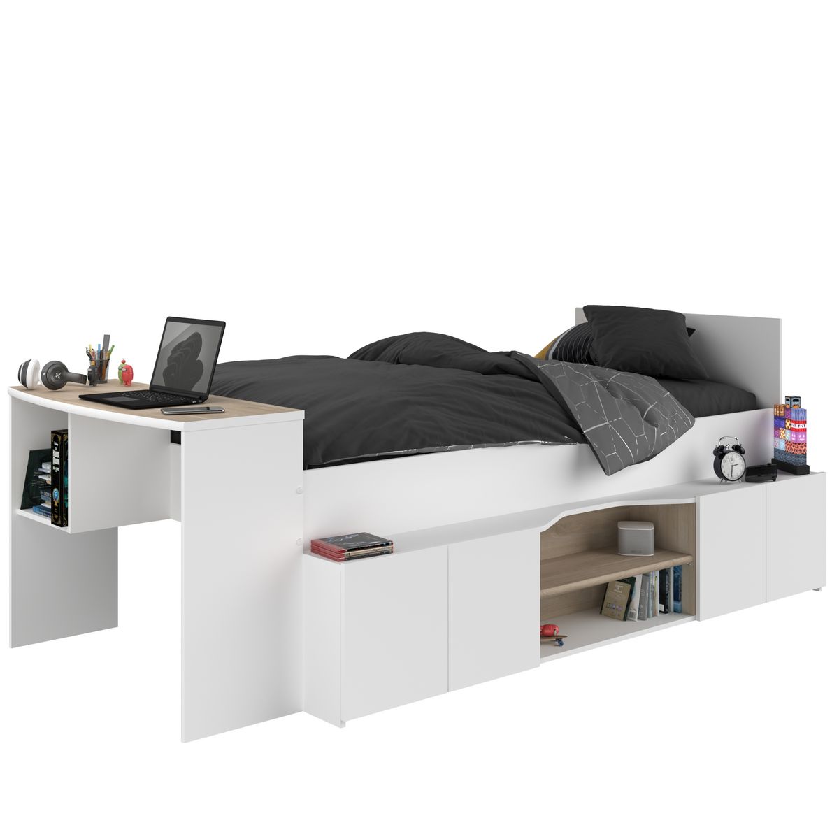 Lit combiné 90x190 / 90x200 cm avec bureau et rangements CLEO