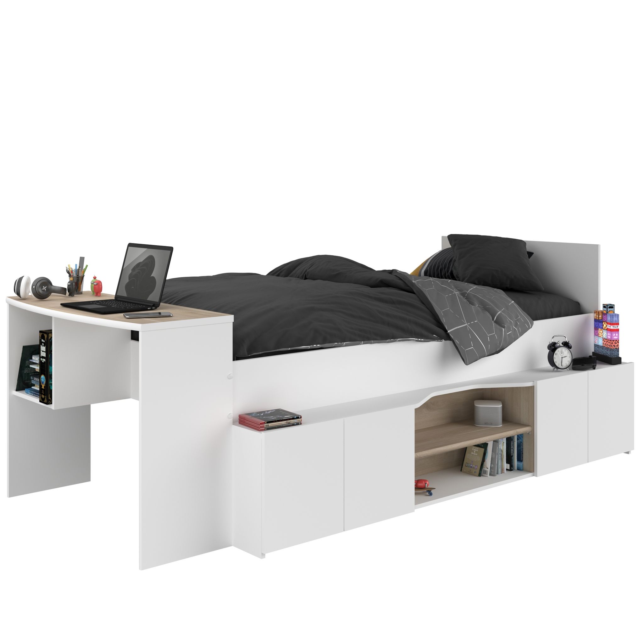 Voir la diapositive 15 : Lit combiné 90x190 / 90x200 cm avec bureau et rangements CLEO
