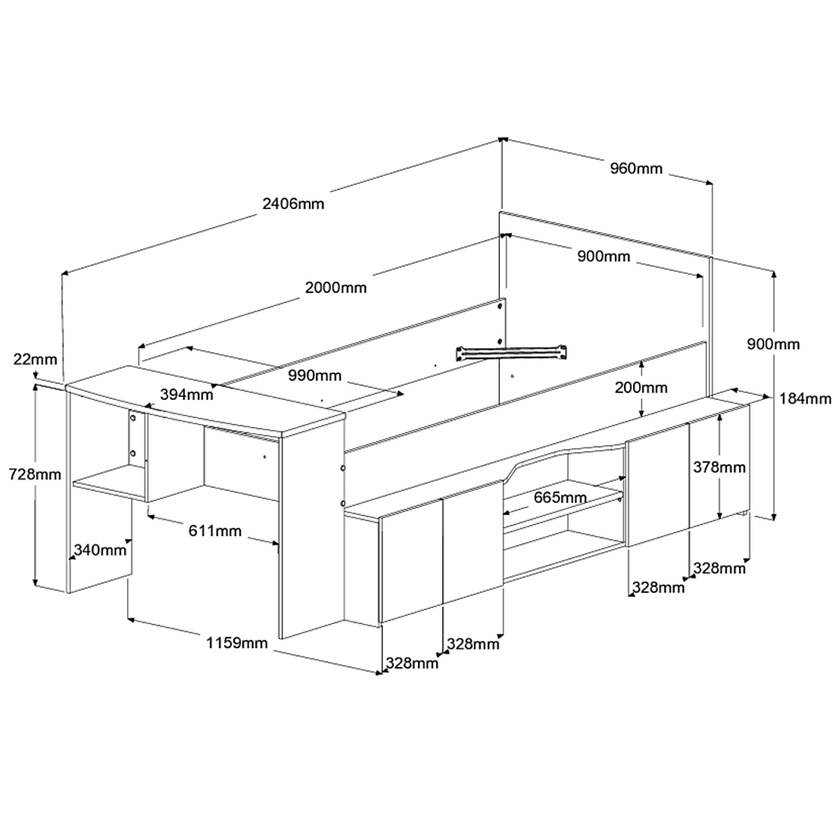 Voir la diapositive 17 : Lit combiné 90x190 / 90x200 cm avec bureau et rangements CLEO