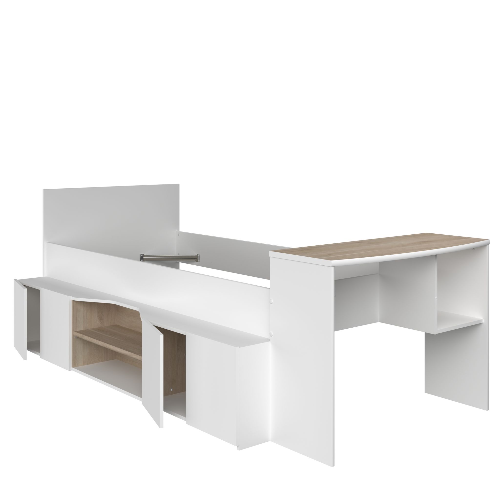 Voir la diapositive 3 : Lit combiné 90x190 / 90x200 cm avec bureau et rangements CLEO