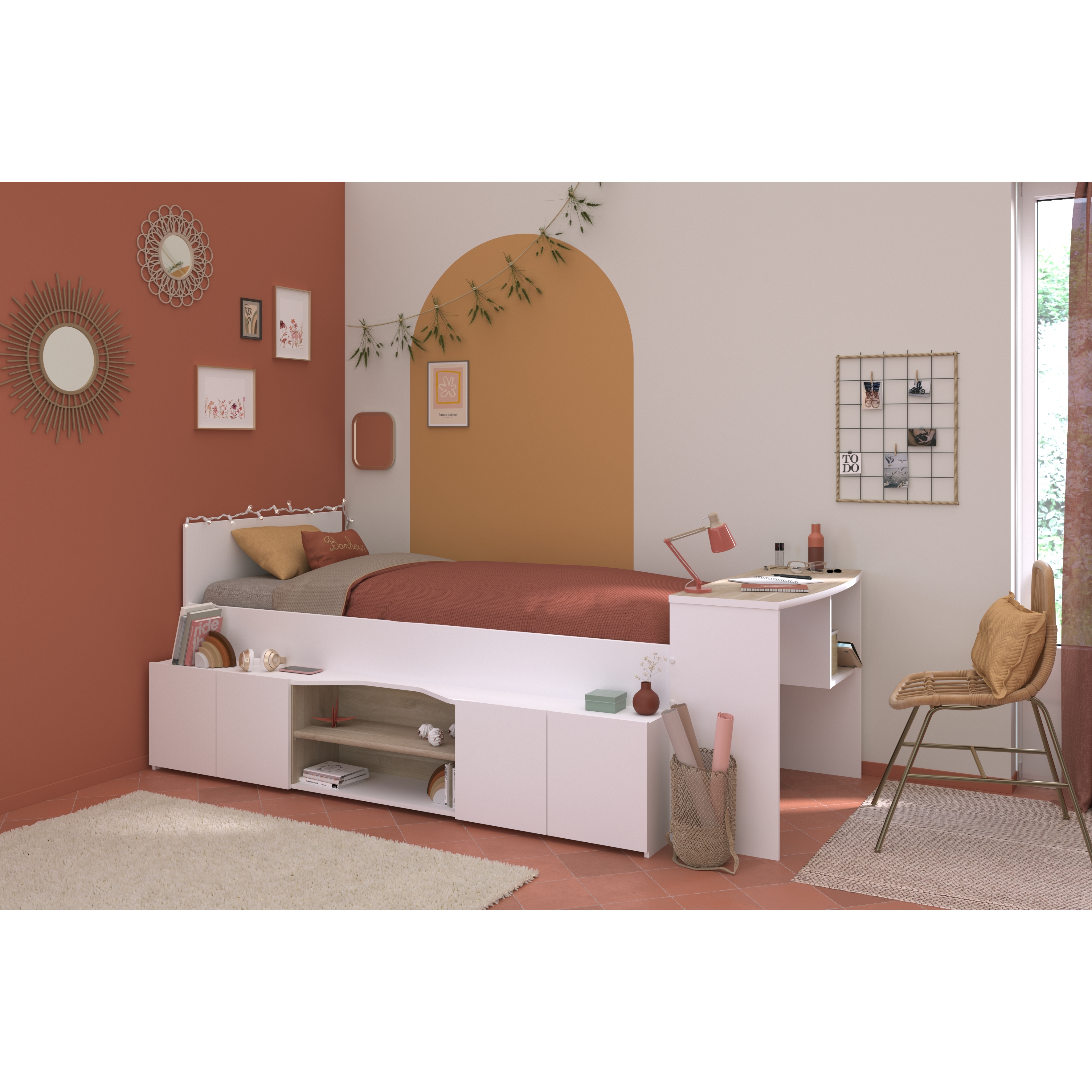 Voir la diapositive 5 : Lit combiné 90x190 / 90x200 cm avec bureau et rangements CLEO