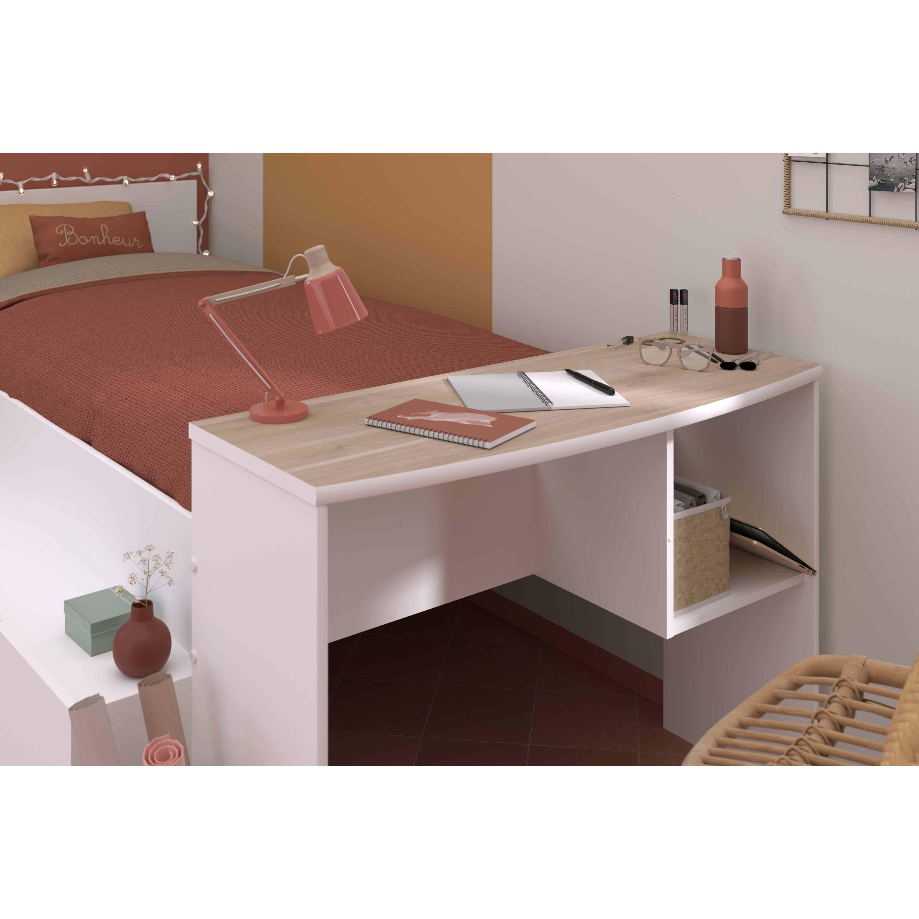 Voir la diapositive 6 : Lit combiné 90x190 / 90x200 cm avec bureau et rangements CLEO