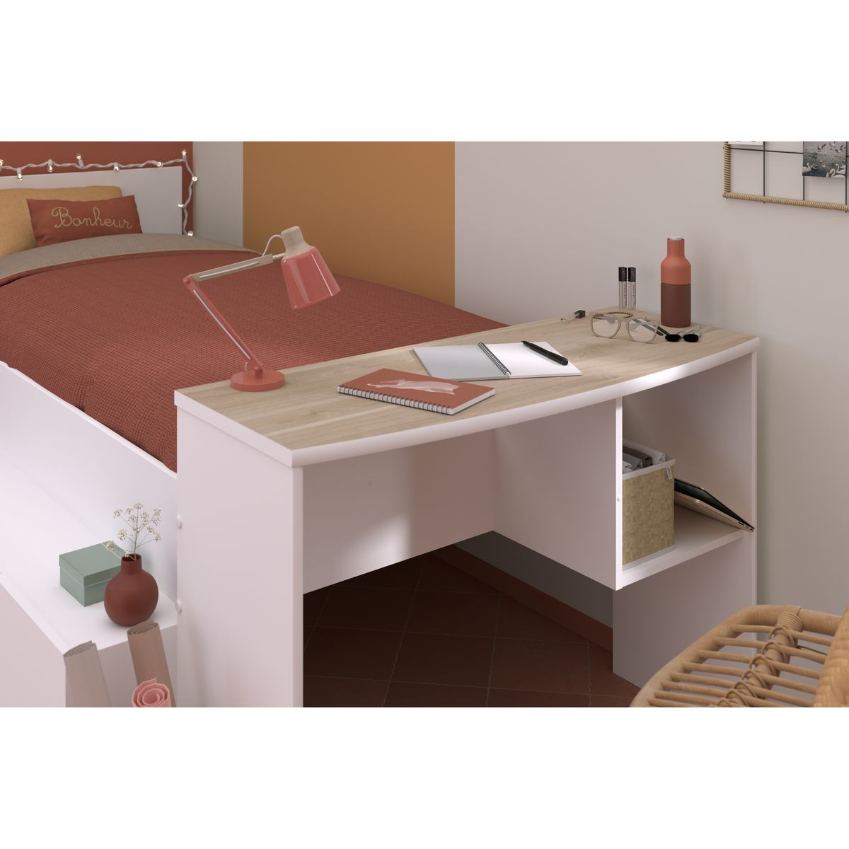 Lit combiné 90x190 / 90x200 cm avec bureau et rangements CLEO