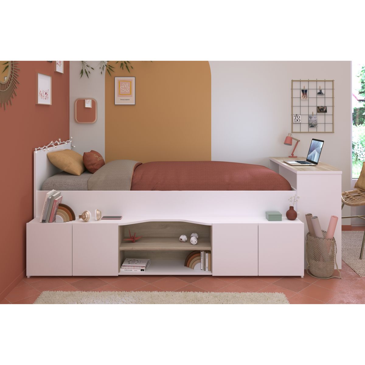 Lit combiné 90x190 / 90x200 cm avec bureau et rangements CLEO
