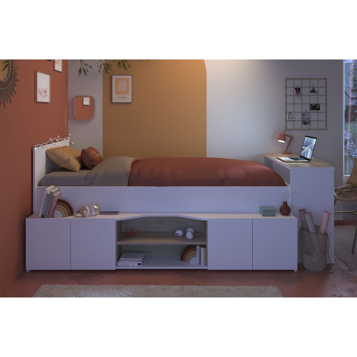 Lit combiné 90x190 / 90x200 cm avec bureau et rangements CLEO