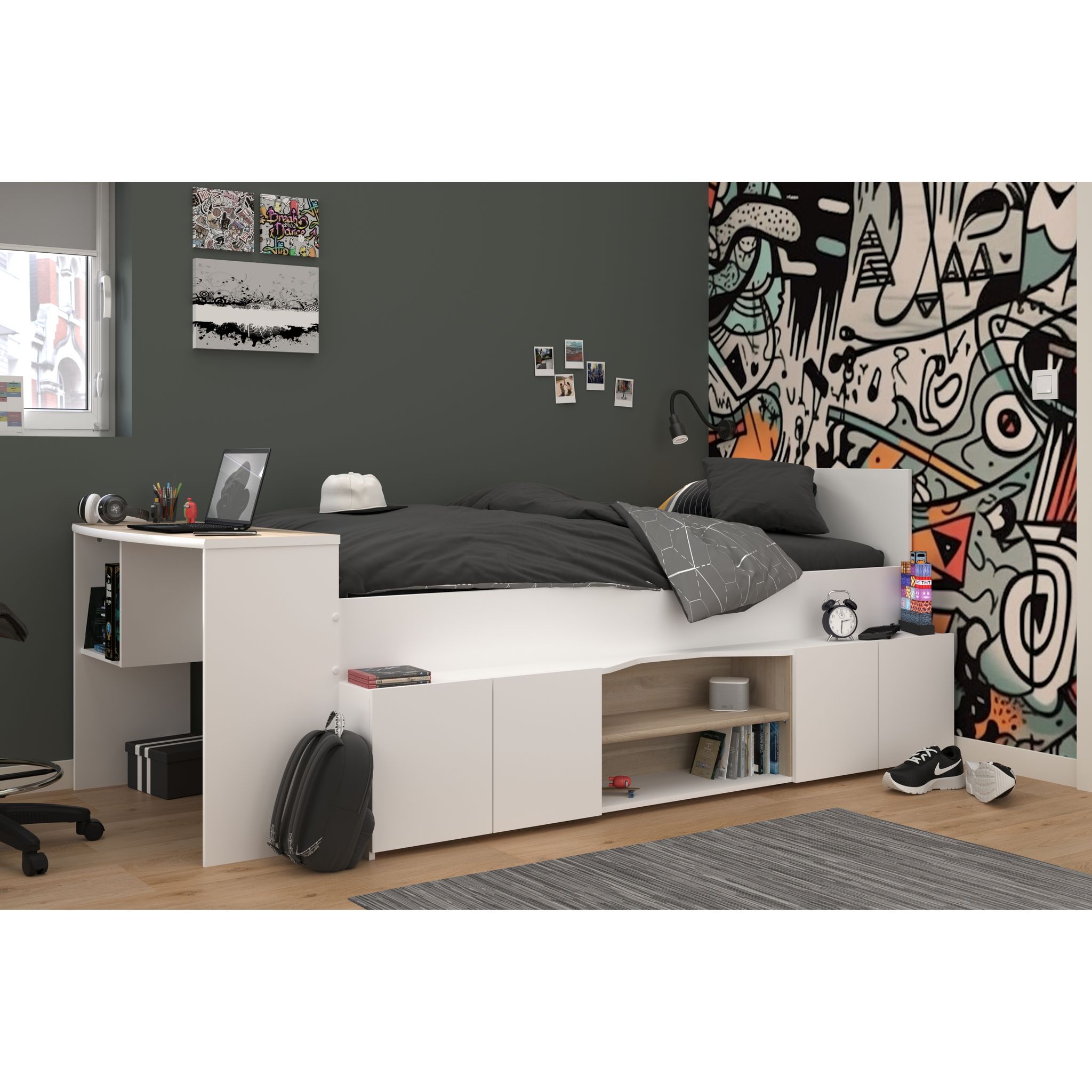 Voir la diapositive 10 : Lit combiné 90x190 / 90x200 cm avec bureau et rangements CLEO