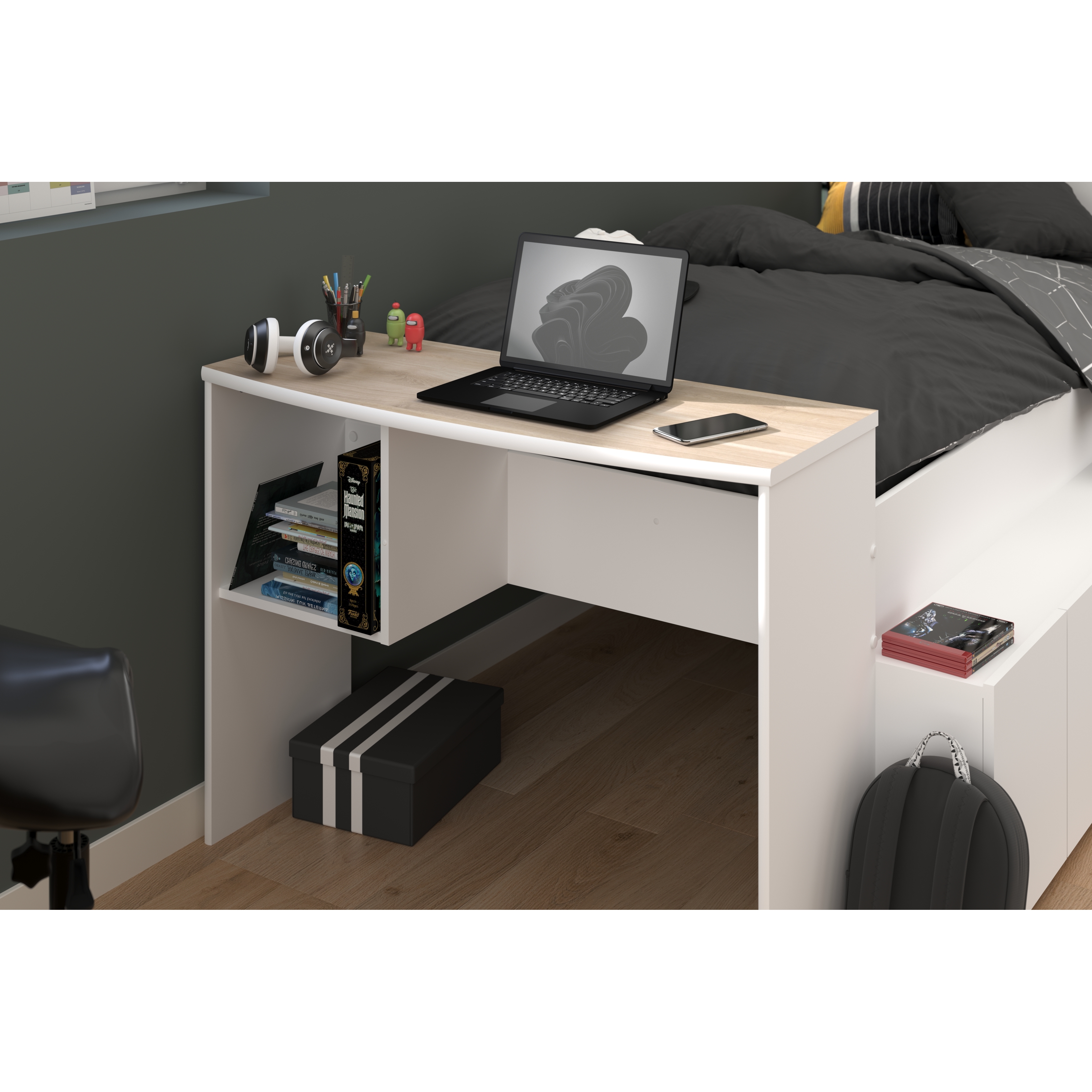 Voir la diapositive 11 : Lit combiné 90x190 / 90x200 cm avec bureau et rangements CLEO