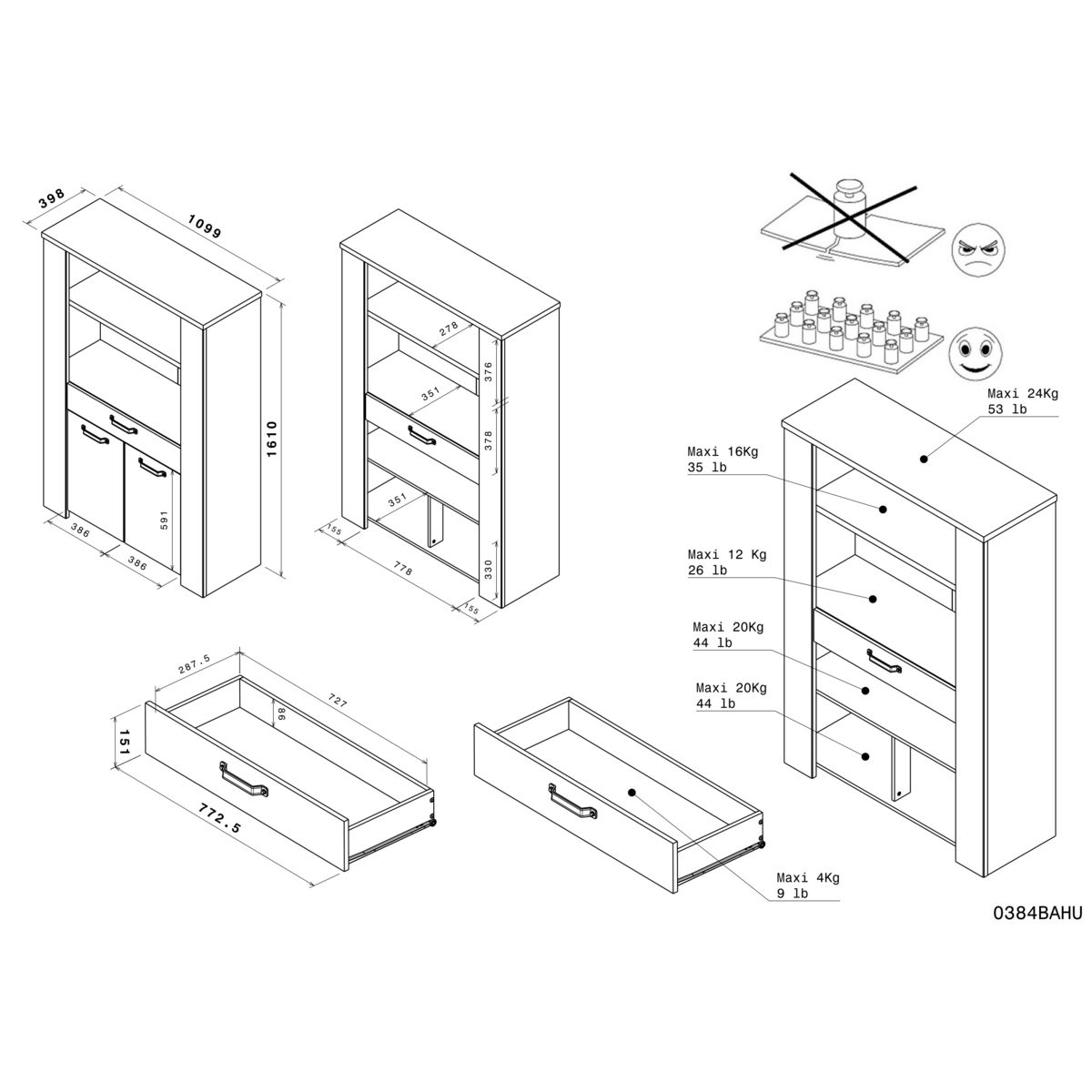 Buffet haut 2 portes, 1 tiroir et 1 étagère L110 cm TORSTEN