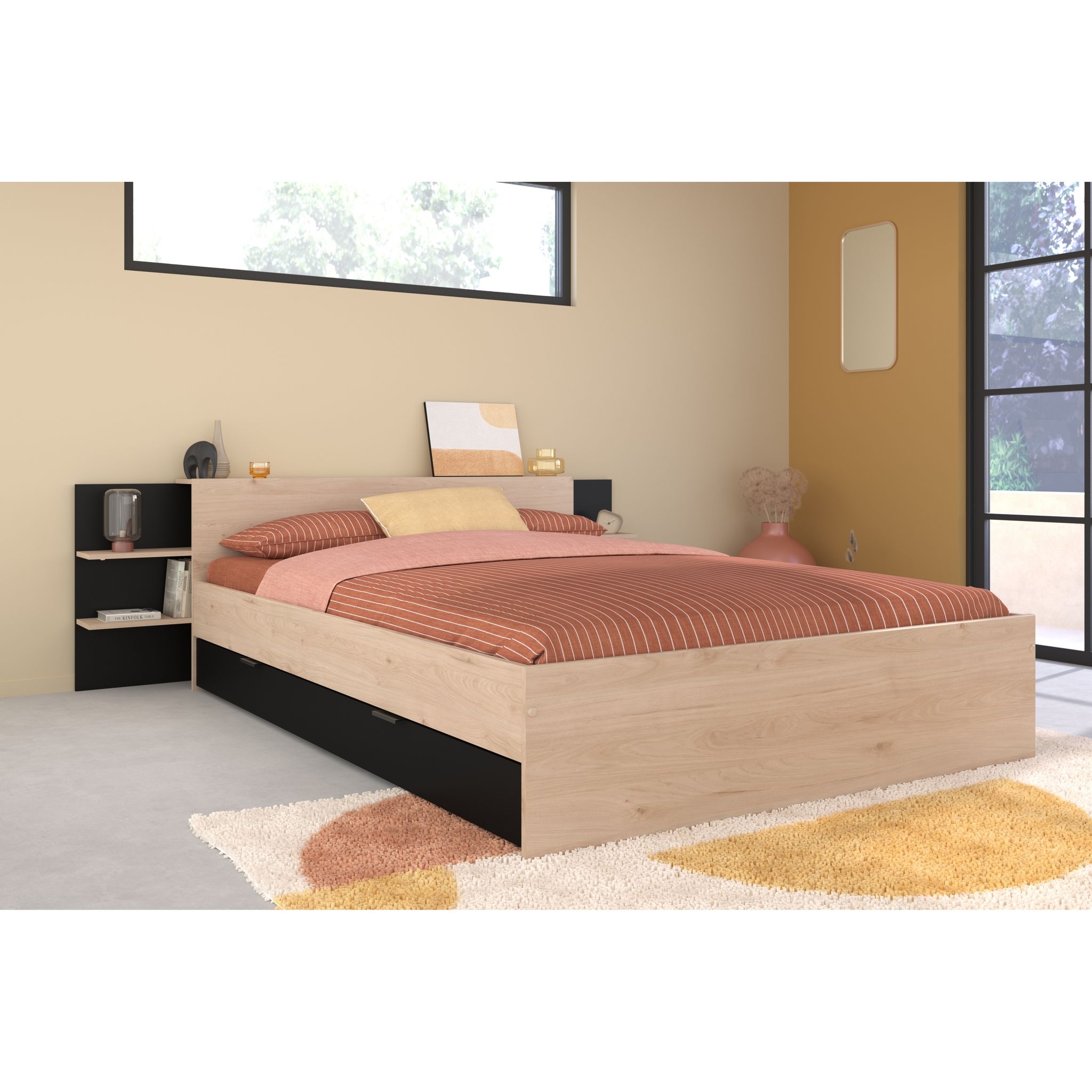 Voir la diapositive 2 : Lit double adulte 140 x 190 / 200 cm avec tête de lit et rangements HORN